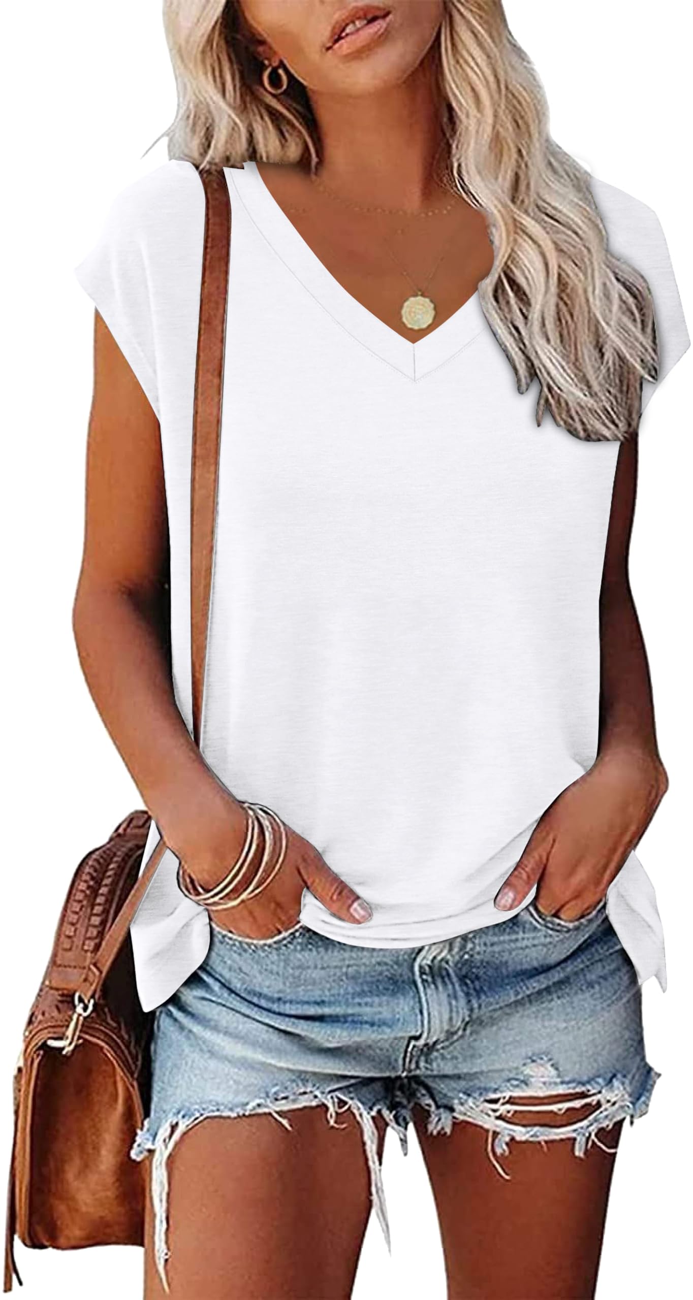 Womens Short Sleeve 2024 Summer Tops Trendy Tank Tops V Neck Loose Fit Shirts White S