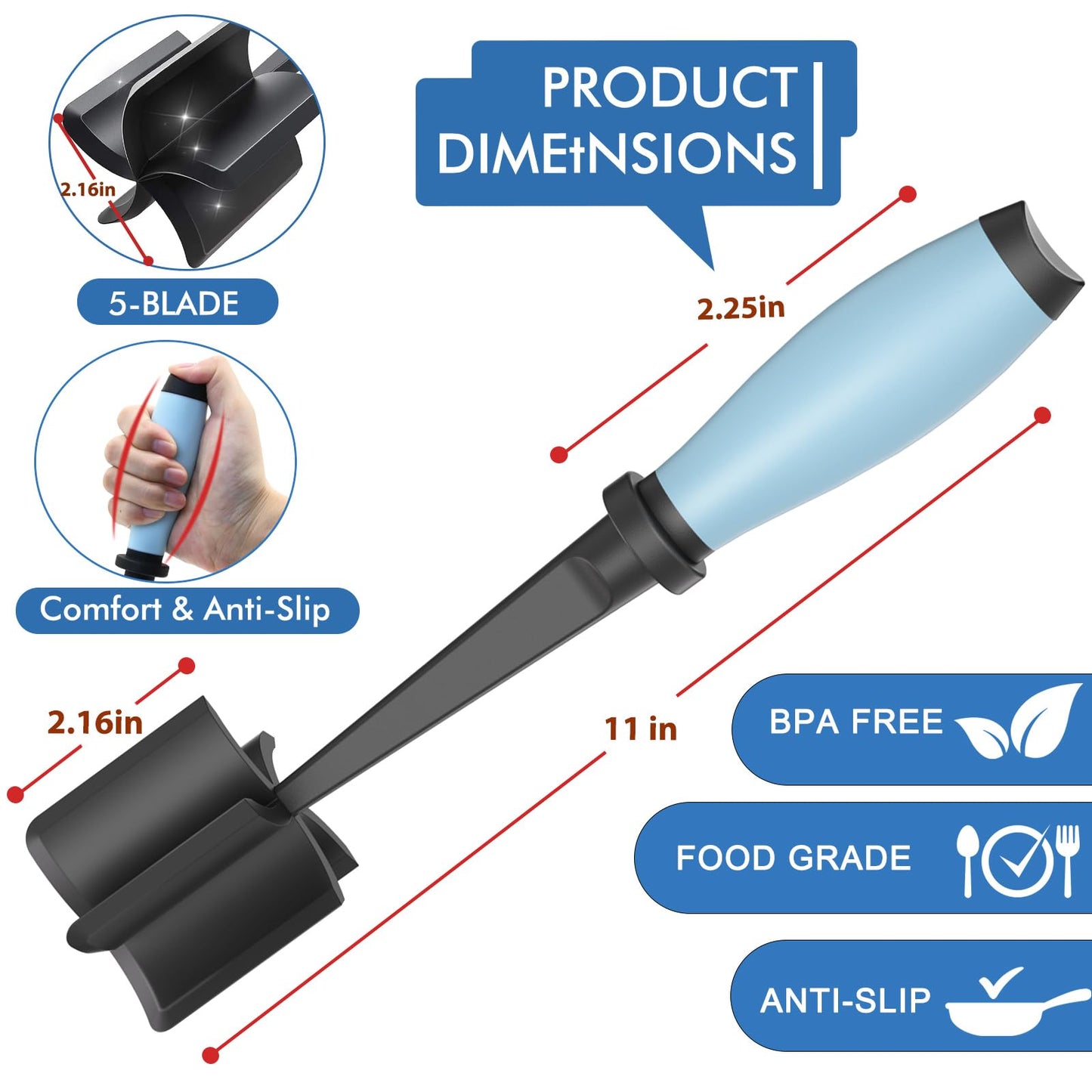 Upgrade Meat Chopper, Heat Resistant Meat Masher for Hamburger Meat, Ground Beef Smasher, Nylon Hamburger Chopper Utensil, Ground Non Stick Mix Chopper, Mix and Chop, Potato Masher Tool（Aqua）