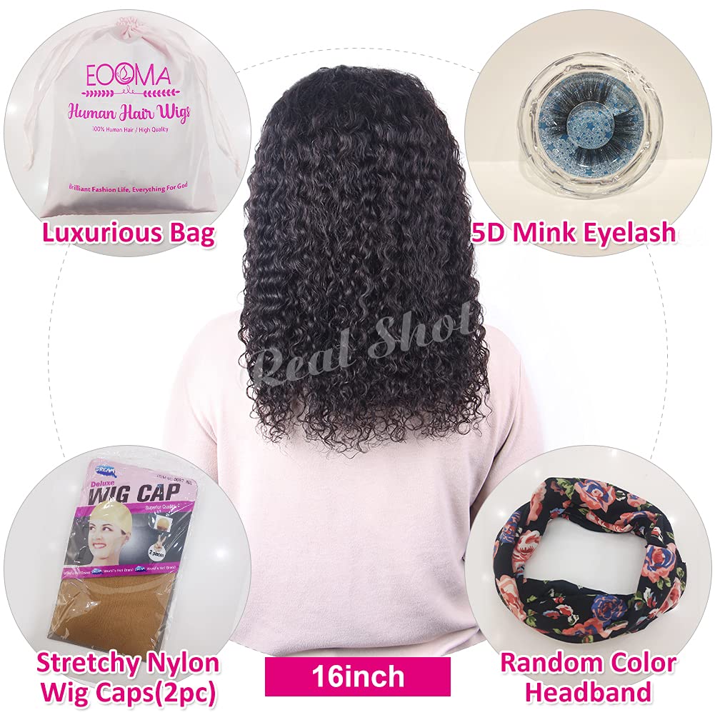 Eooma Headband Curly Human Hair Wigs for Black Women 10A 180% Density Brazilian Kinky Curly Wigs Scarf Gluelees Remy Hair