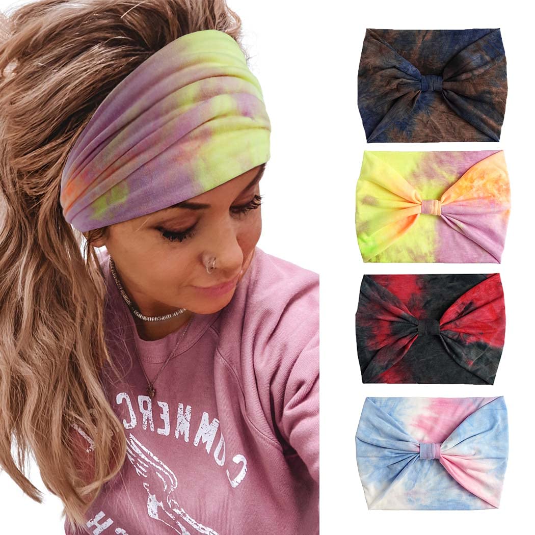 Gangel Tie Dye Headbands Wide Turban Knotted Head Wraps Boho Hair Scarf Yoga Hair Accessories for Women (Pack of 4) (Type A)