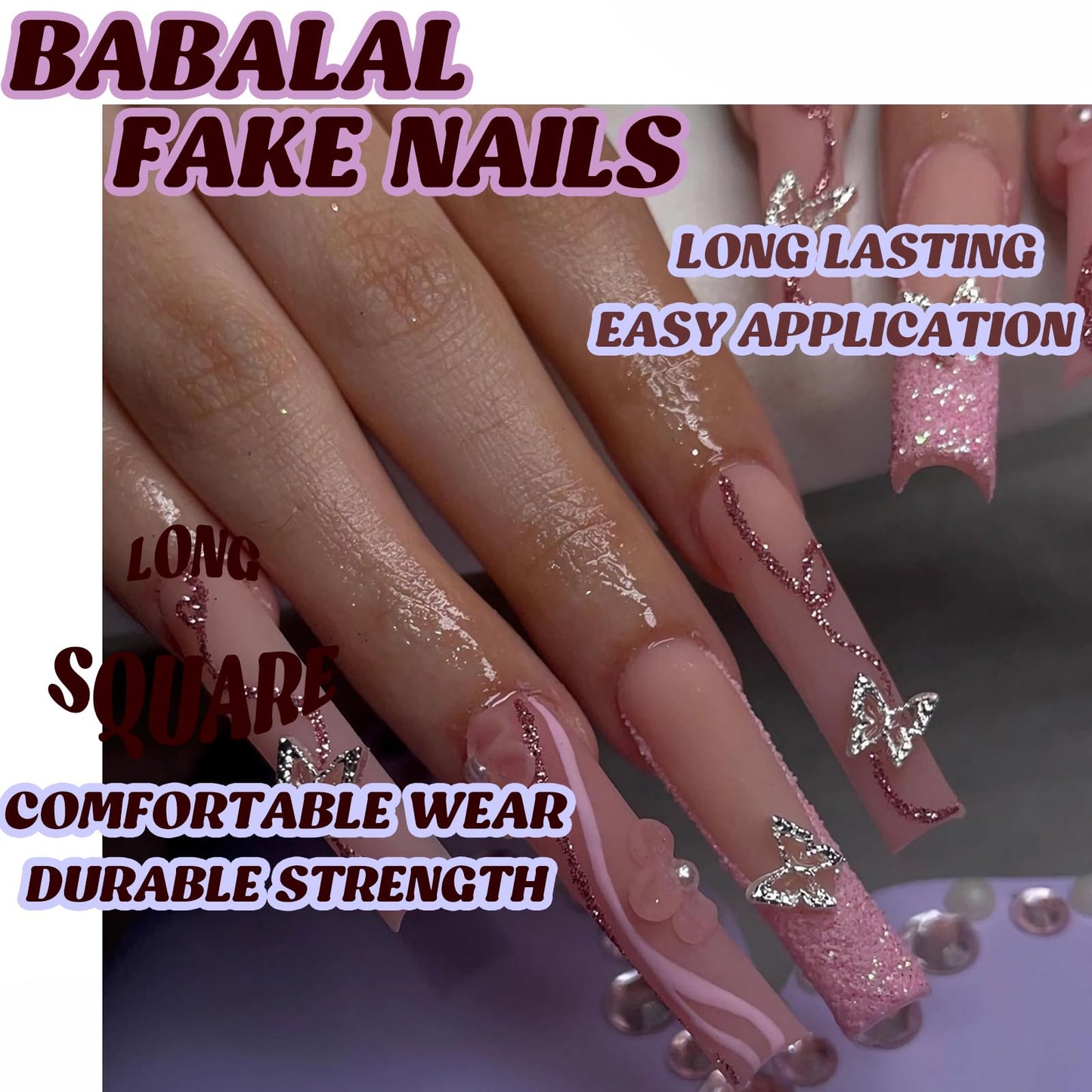 BABALAL French Tip Press on Nails Long Coffin Fake Nails Pink Swirl Glue on Nails 3d Metallic Butterfly Charm Design Bling Acrylic Nails 24Pcs Ballerina Manicure False Nails for Women and Girls