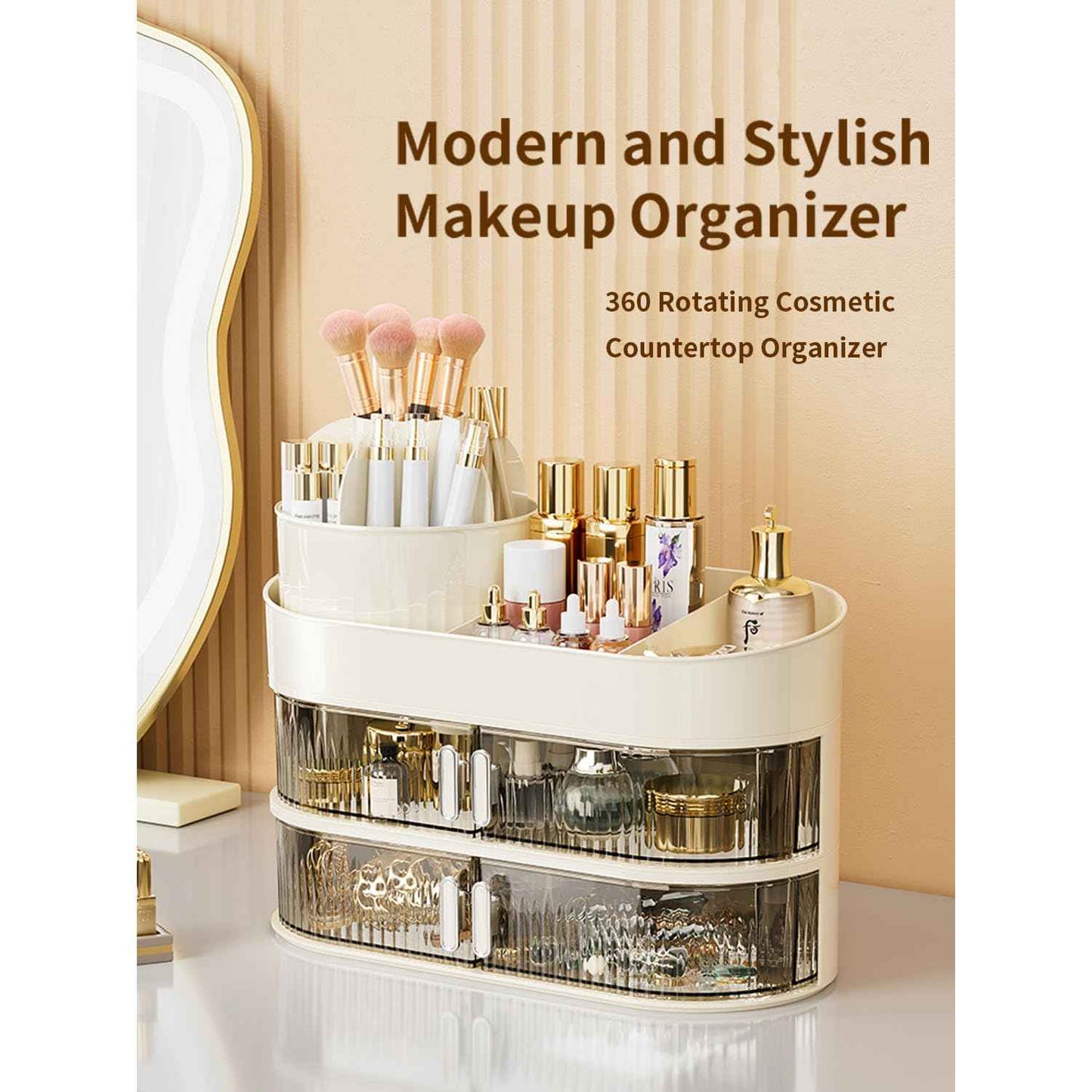 Rotating Makeup Organizer for Vanity, 3-Tier Large Capacity Countertop Storage with 4 Dust-Proof Drawers, Easily Hold Lipsticks, Jewelry, Brushes