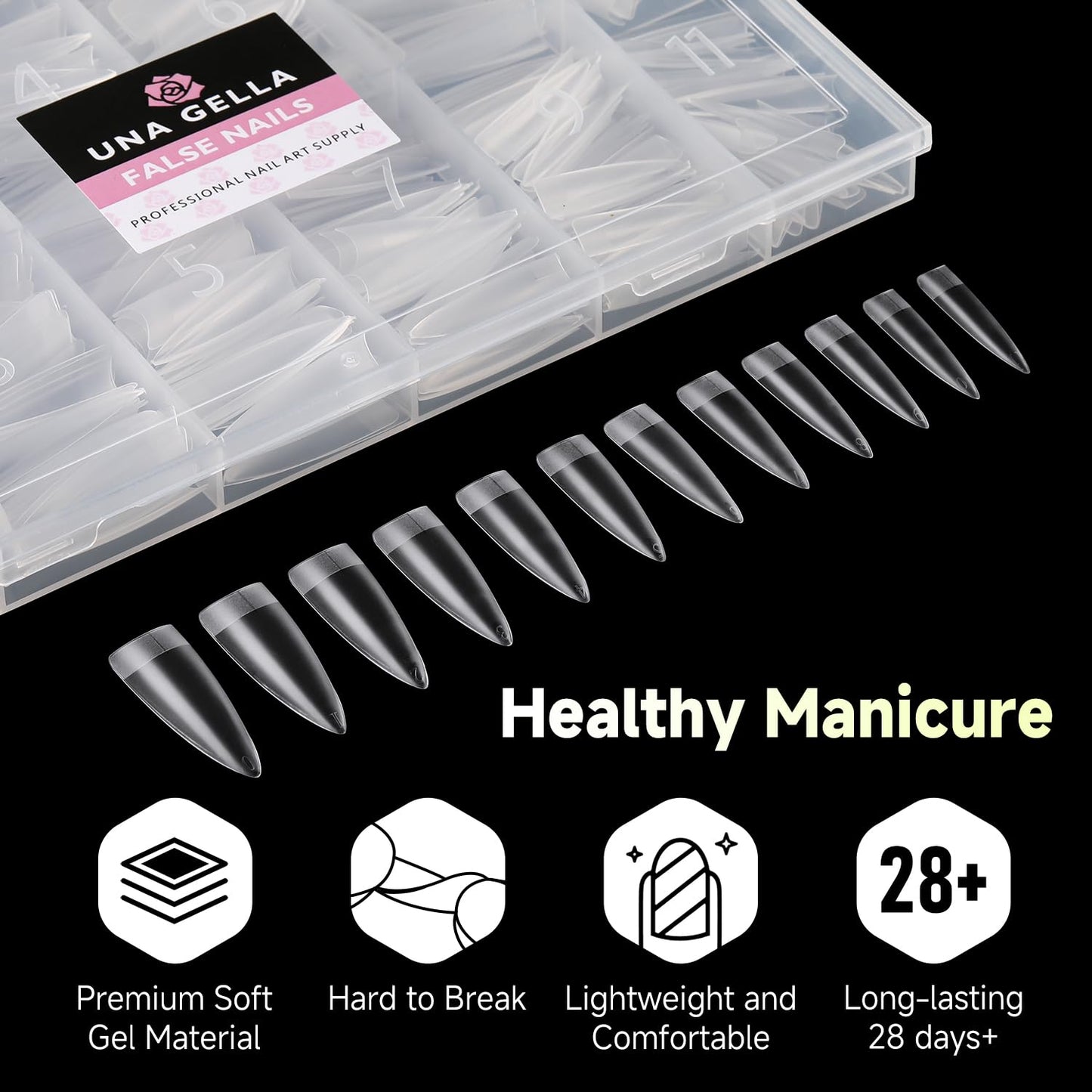 UNA GELLA Extra Long Stiletto Fake Nails 504pcs Double Side Pre-shape Gel Acrylic XL Nail Tips for Half Cover Nail Extension Home DIY Nail Salon 12 Sizes Gelly Tips