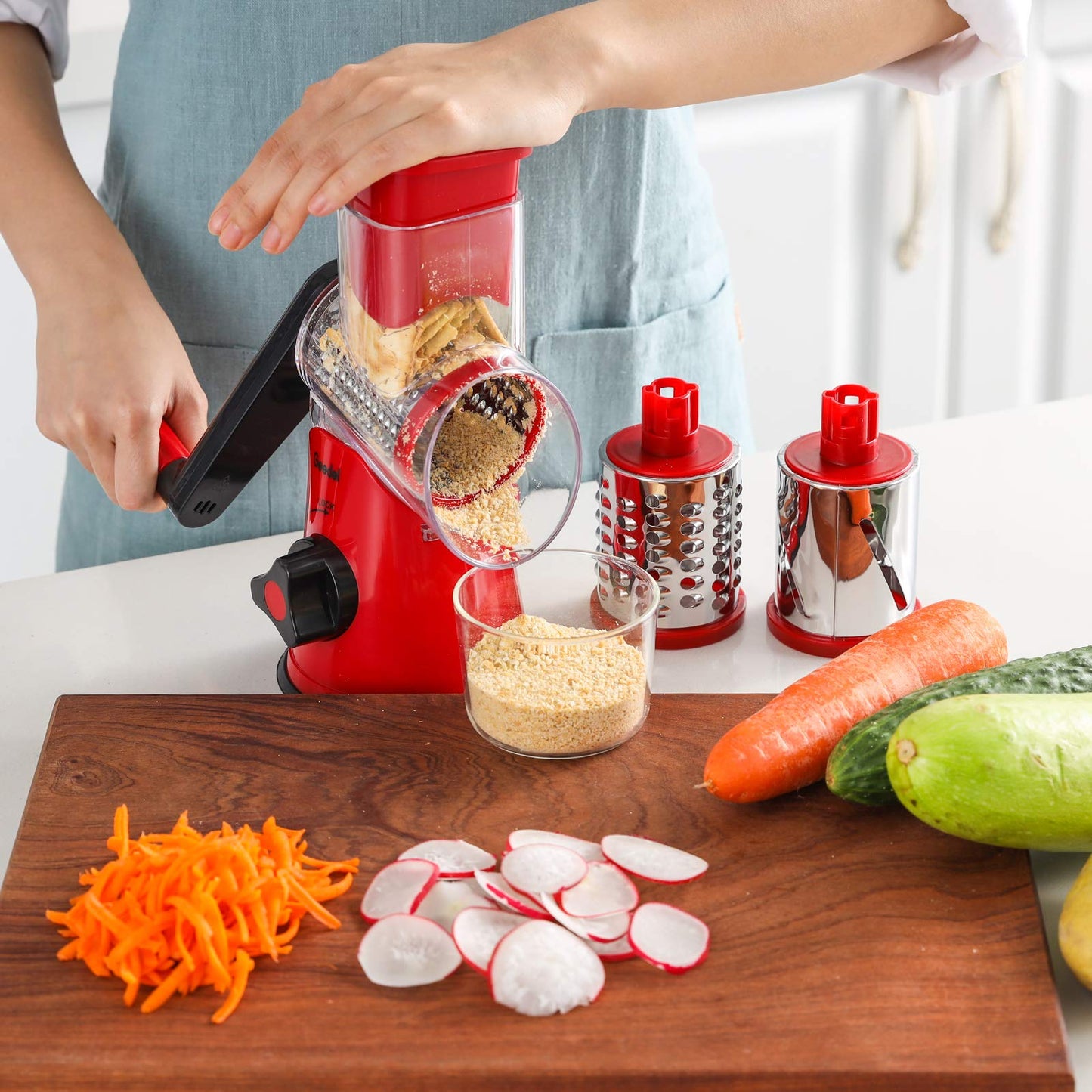 Geedel Rotary Cheese Grater, Kitchen Mandoline Vegetable Slicer with 3 Interchangeable Blades, Easy to Clean Grater for Fruit, Vegetables, Nuts