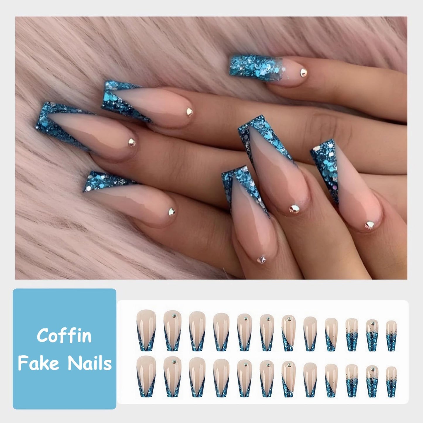 MISUD Press on Nails Long Coffin Fake Nails Glossy Glue on Nails Bling Blue Glitter French Tip Acrylic Nails Ballerina Artificial Nails Rhinestone Stick on False Nails with Design 24 pcs