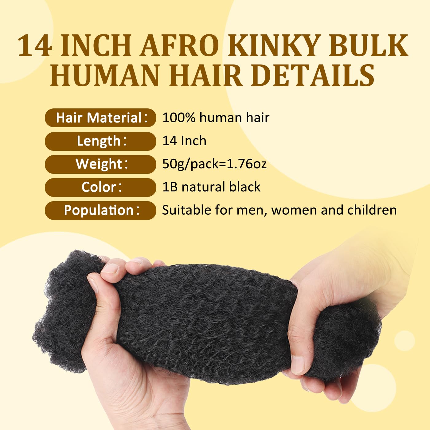 BangkeBeauty Afro Kinkys Bulk Human Hair 14 Inch Afro Kinkys Bulk 100% Human Hair for Dreadlock Extensions,Repair Locs,Braiding Twists,Afro Kinky Bulk Can be Dyed and Bleached(1B, 14inch)