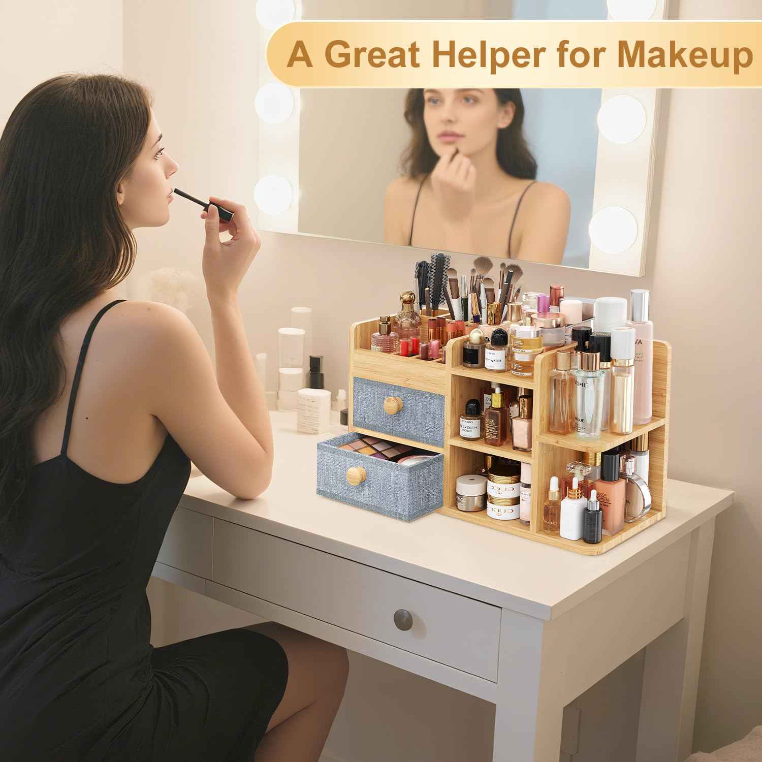 Large Makeup Organizer Countertop For Vanity Dresser, Bamboo Bathroom Counter Organizers And Storage,Cosmetic Skincare Perfume Organizer With 3 Makeup Brush Holder/2 Drawers/5 Shelves /8 Compartments
