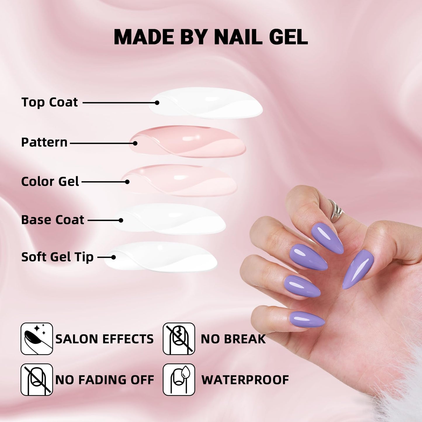 Press on Nails Medium,Light Purple Almond Stiletto Glossy Handmade Gel False Nails,Reusable Salon Perfect Fake Nail Kit in 12 Sizes - 24 Pcs Pure Color Glue On Nails Kit for Women Gift