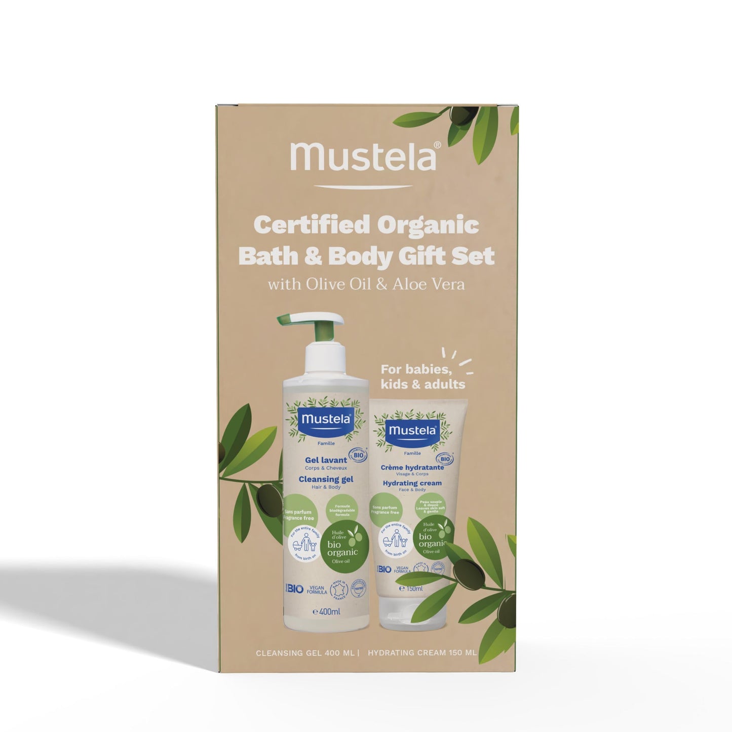 Mustela Certified Organic Bath & Body Gift Set - Fragrance-Free Skin Care Essentials with Olive Oil & Aloe Vera - Contains Cleansing Gel & Hydrating Cream for Baby, Kid & Adult - 2 Items Set