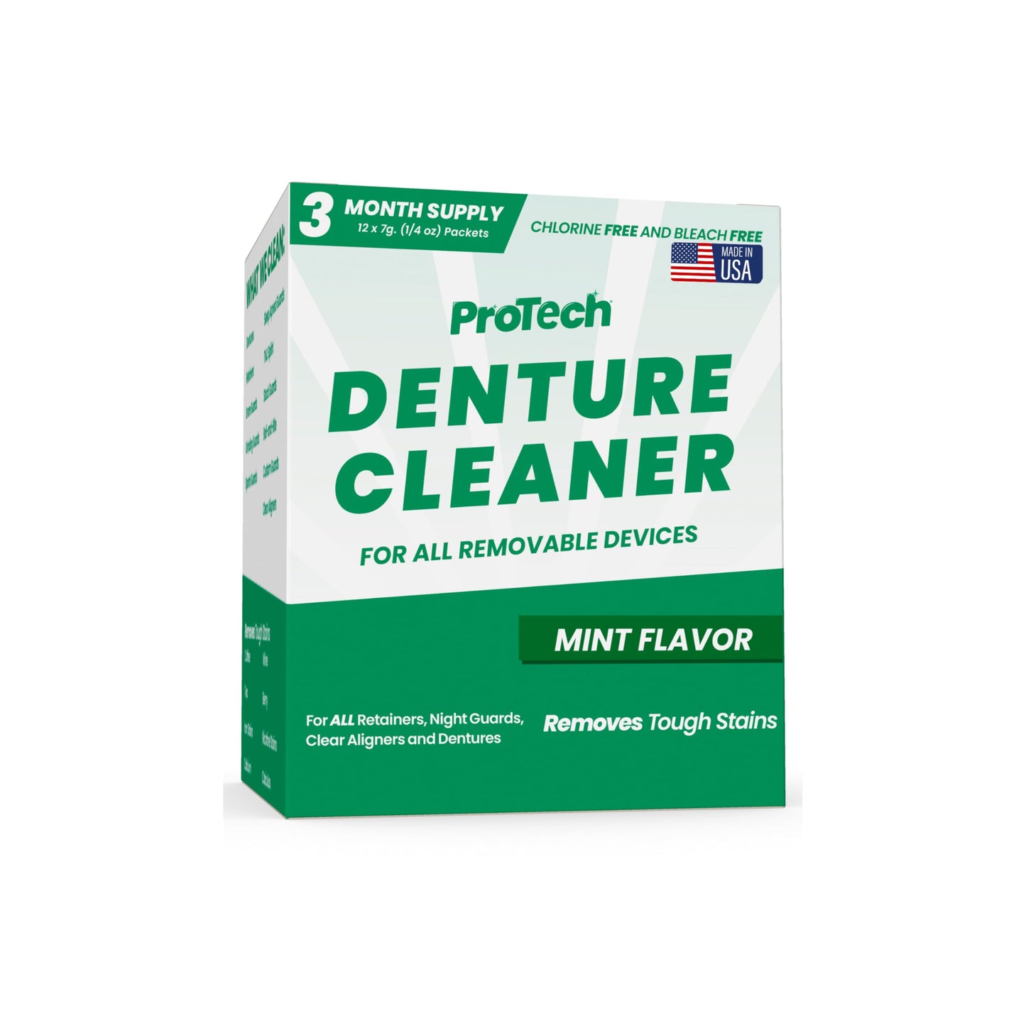 Protech Denture Cleaner 7g (3-Month Supply) Denture Cleanser Foils for Retainers, Nightguards, Mouthguards, and Dentures, Nicotine, Coffee and Iron Cleaning Foils, No Tablets, Long Lasting Packets