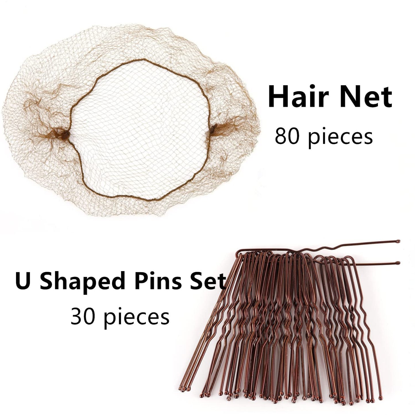 letaomei Hair Net 80 Pcs and U Shaped Pins Set 30 Pcs,22Inches Hairnet Individual Package Invisible Elastic Edge Mesh Hair Nets for Buns Women Food Serive Dancer(Brown)