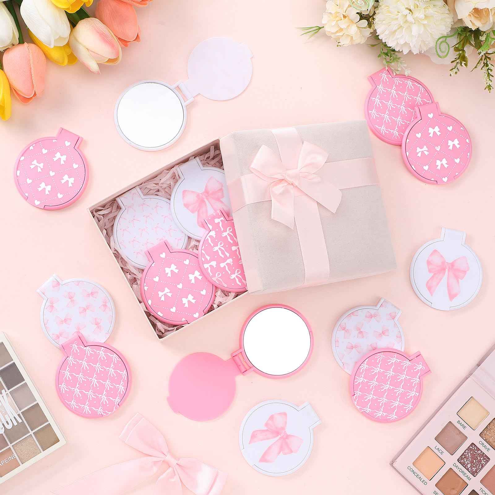 Namalu 36 Pcs Pink Bow Coquette Mini Compact Mirrors Party Aesthetic Gifts Bulk for Women Wedding Bridal Travel Portable Round Pocket Makeup Mirror Gift for Purse Party Favors Breast Cancer