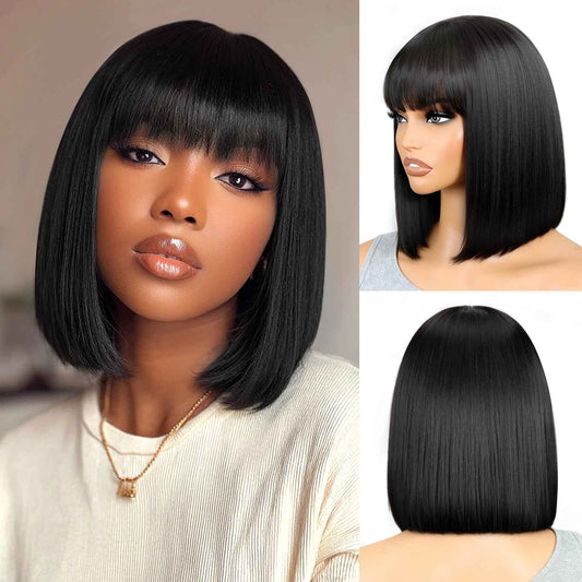 Xinjiju Black Bob Wigs Human Hair Short Wig with Bangs Straight Wigs Human Hair Glueless Wear and Go 150% Density Wigs for Women Daily Use 10 Inch