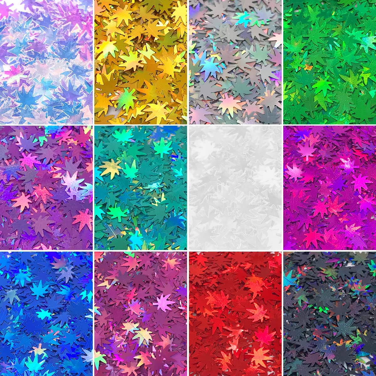 12 Pack - Metallic Rainbow Holographic Leaf Glitter - Solvent Resistant & Cosmetic Grade - Face Body Nails Resin Arts & Crafts, Tumblers, Bath Bombs, Resin - Weed Pot Marijuana Leaf