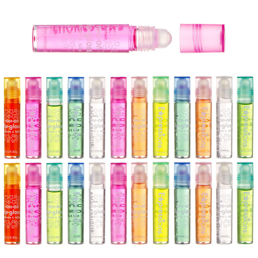 Expressions girl 24pc Roll On Lip Gloss Set with Carrying Case, Glossy Lip Make-up for Kids and Teens - Fruity Flavors, Non Toxic, Kid Friendly, Party Gift, Best Friends