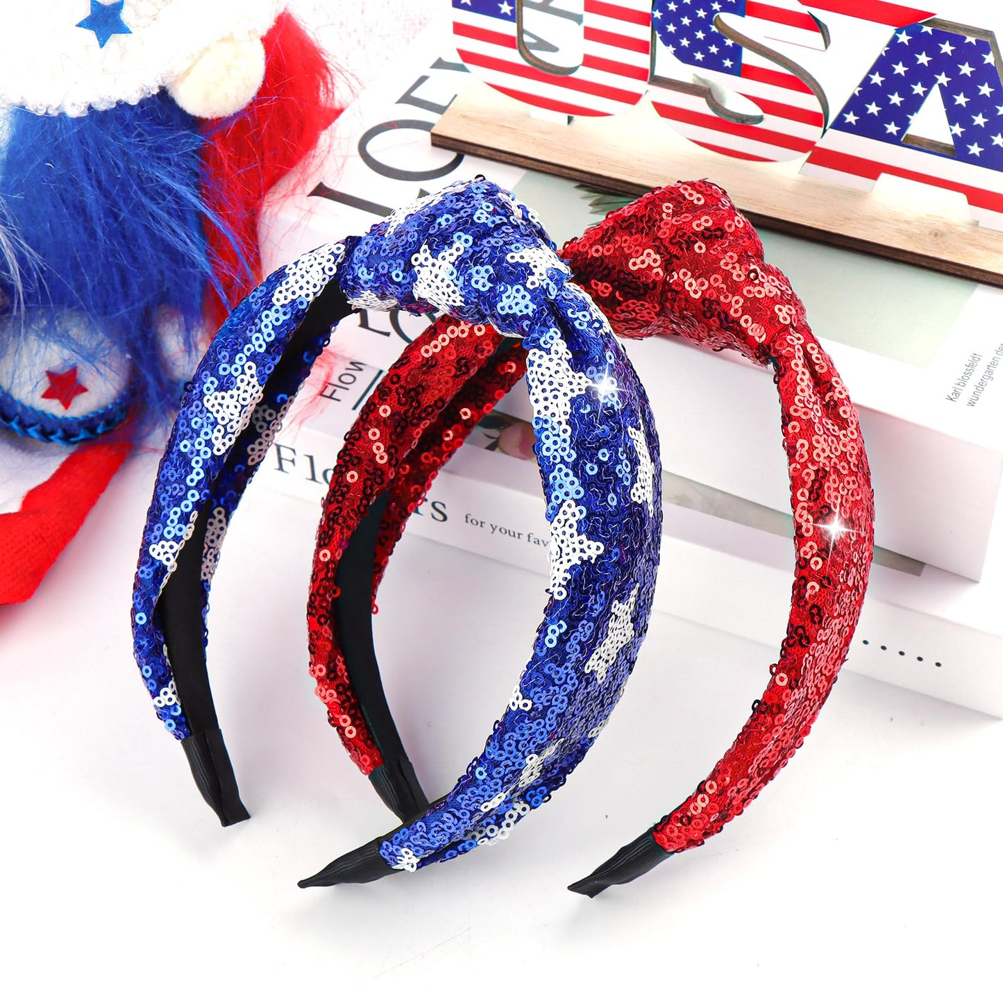 Lanmerry 4th of July Sequin Knotted Headbands for Women Red and Blue Hairband Patriotic Sparkly Thick Headbands Glitter Hair Accessories Girls Fashion Gifts