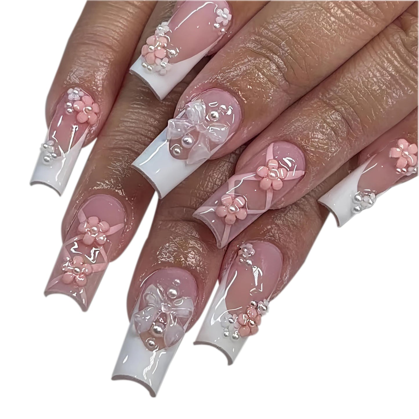 Pink Press on Nails Kit with Charms Gems French Tip Nails Press Ons Medium Square Fake Nails Artificial Coffin Gel Like Glossy 3D Flower Pearl White Bowknot False Nail Manicure for Women Girl