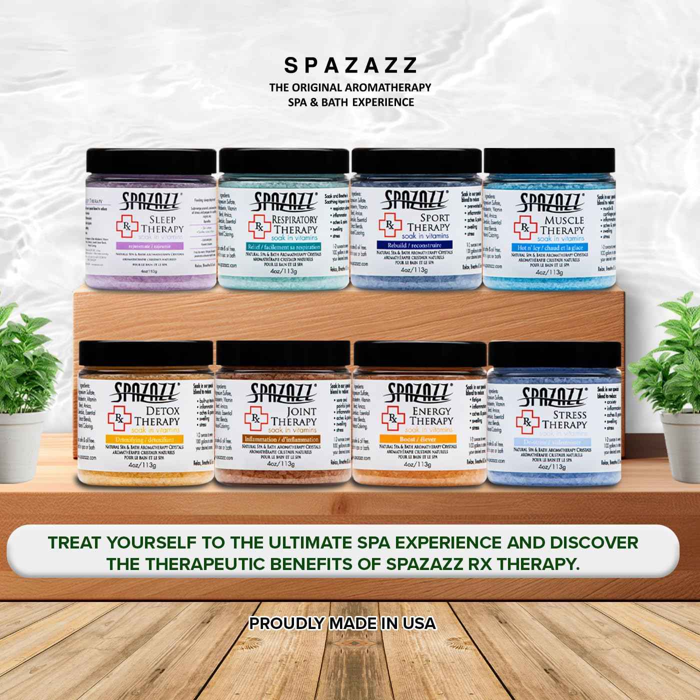 Spazazz RX Therapy Hot Tub Spa and Bath Aromatherapy Salt Crystals 4oz 8 Pack Sample Bundle Includes Muscle - Joint - Detox - Stress - Respiratory - Sport -Sleep - Energy. Great for Muscles & Joints