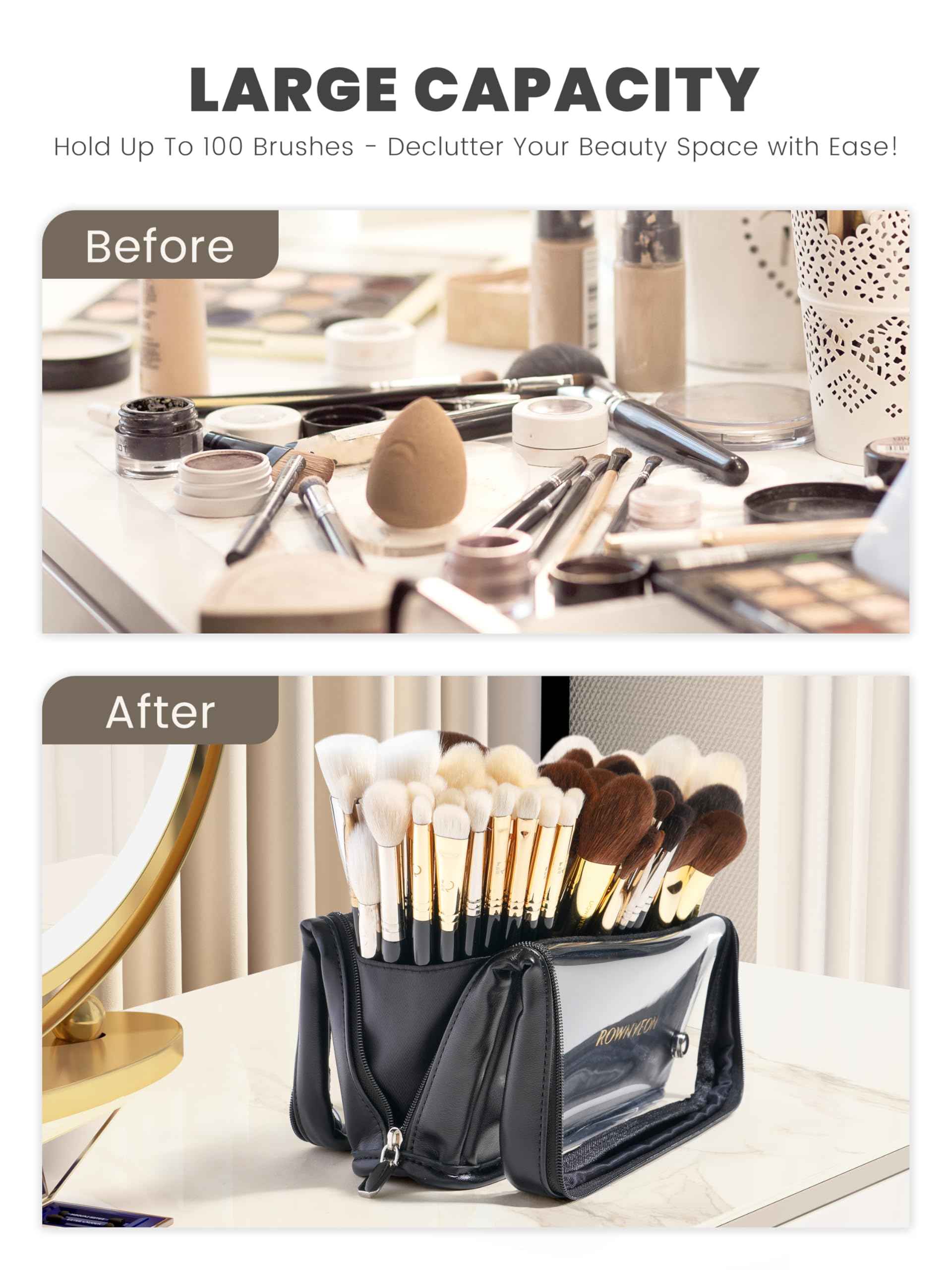 ROWNYEON Makeup Brush Bag, High Capacity Stand-Up Makeup Brush Holder, Travel Professional Cosmetic Bag Artist Organizer Bag Large Makeup Brush Case with Adjustable Divider (Brushes Not included)