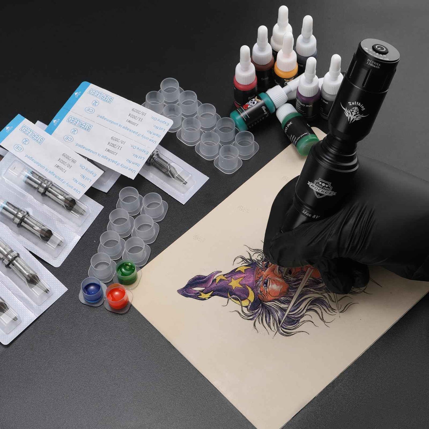 Tattoo Gun Kit for Beginners Complete Set, Rotary Wireless Tattoo Pen Kit, Complete Tattoo Supplies Set for Beginners, with 1300 mAH Power Supply, 10Pcs Catridges Needles (Battery-I-45Pcs)