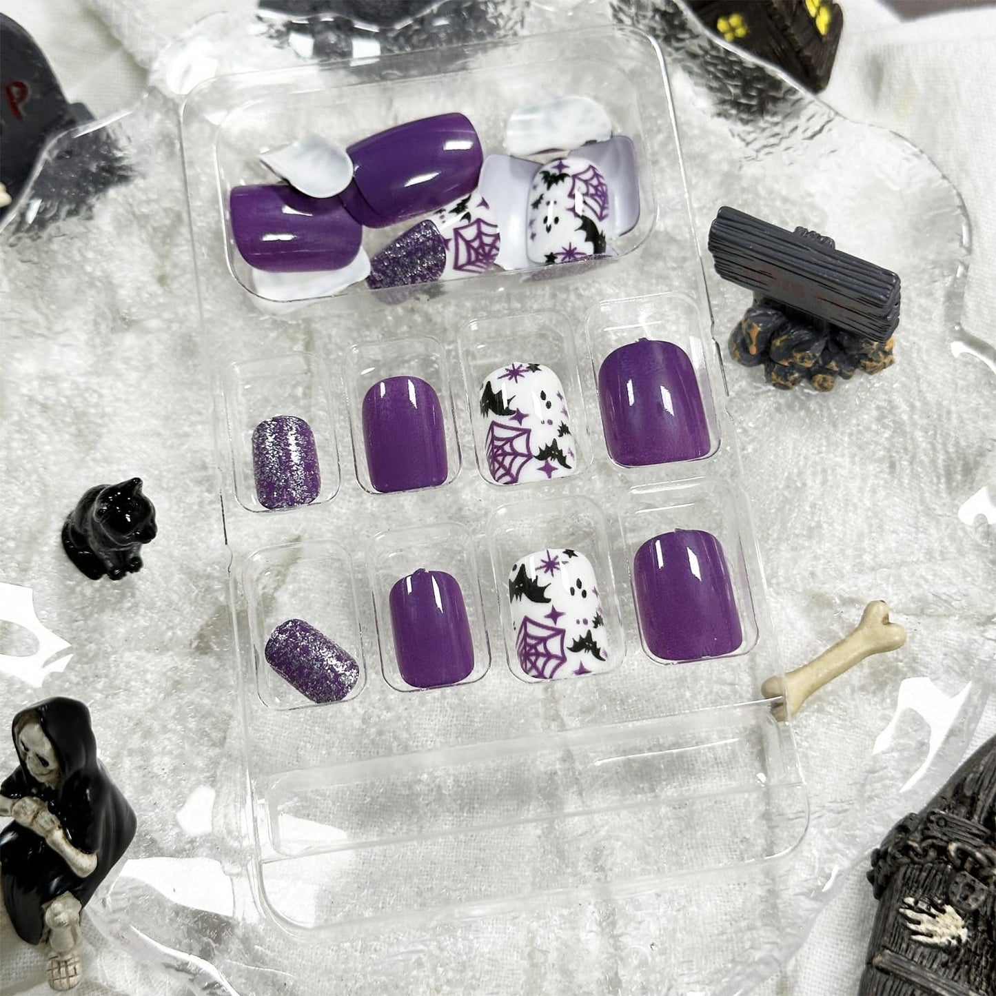 24Pcs Halloween Press on Nails Short Square Fake Nails with Purple Glitter Design Glossy False Nails Cute Halloween Nails Acrylic Nails Full Cover Glue on Nails Halloween Stick on Nails for Women