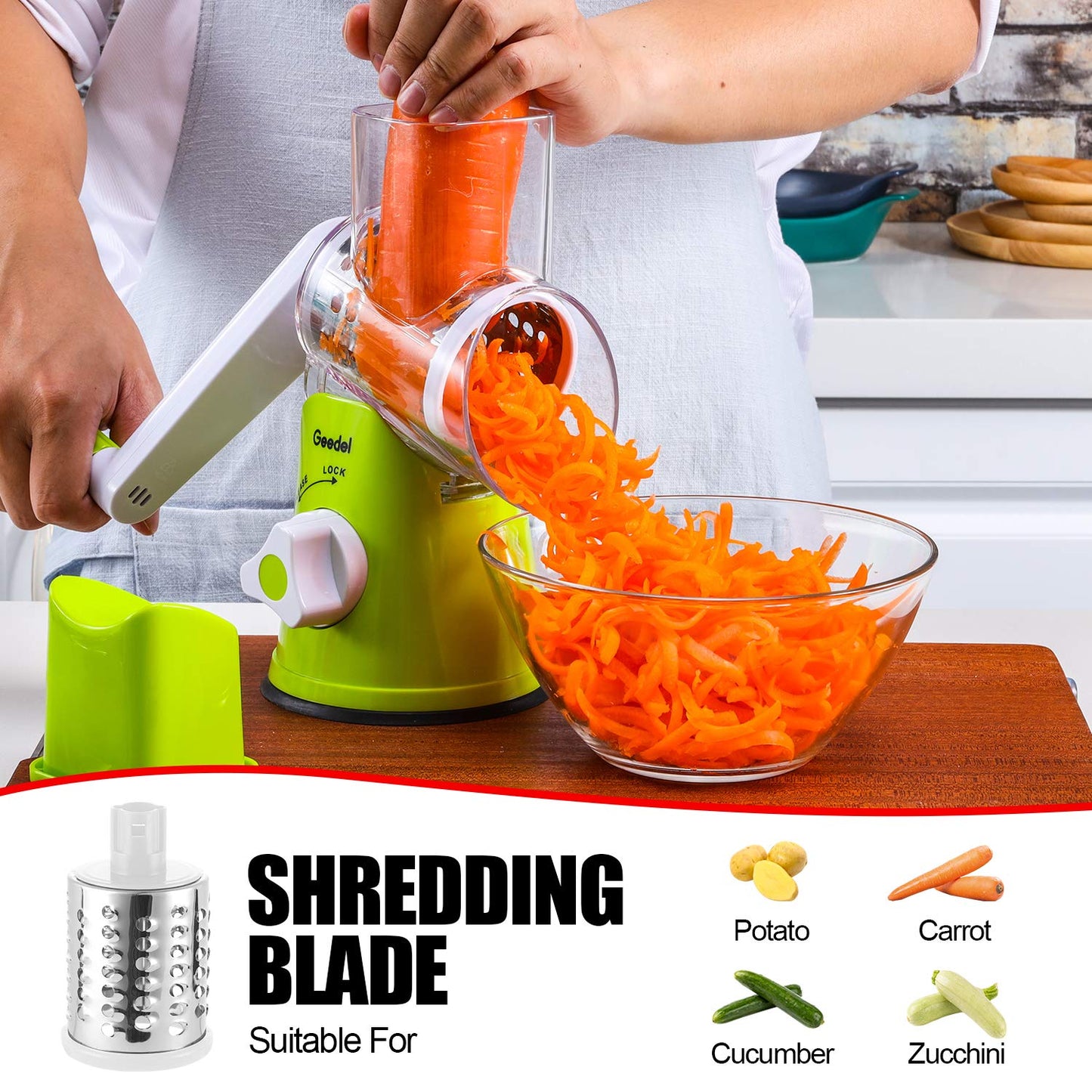 Geedel Rotary Cheese Grater, Kitchen Mandoline Vegetable Slicer with 3 Interchangeable Blades, Easy to Clean Rotary Grater Slicer for Fruit, Vegetables, Nuts