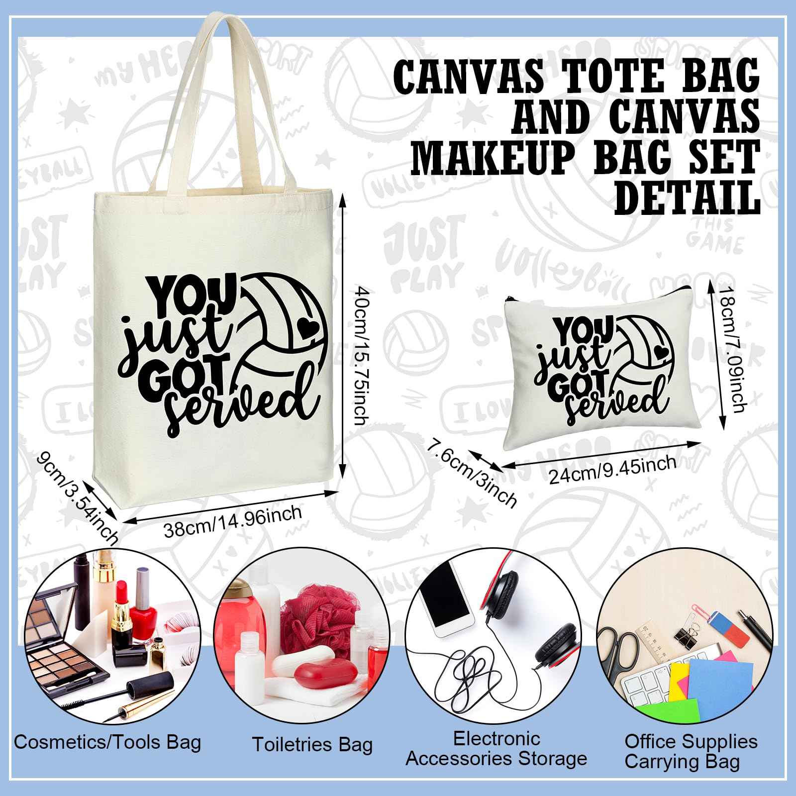Huhumy 18 Pcs Volleyball Basketball Gifts for Women Cosmetic Bag Canvas Tote Bags Set for Teen Makeup Travel Players Teams(Volleyball)