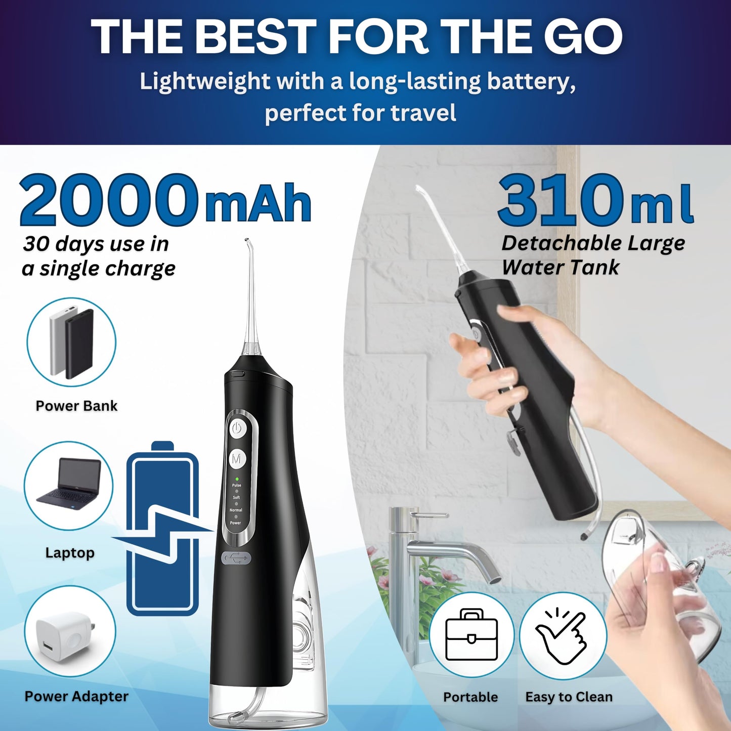 Dental Water Flosser Cordless, 310ML Electric Flosser with 4 Cleaning Modes & 6 Replaceable Jet Tips, IPX7 Waterproof Electric Waterflosser for Teeth Cleaning (6 Tips)