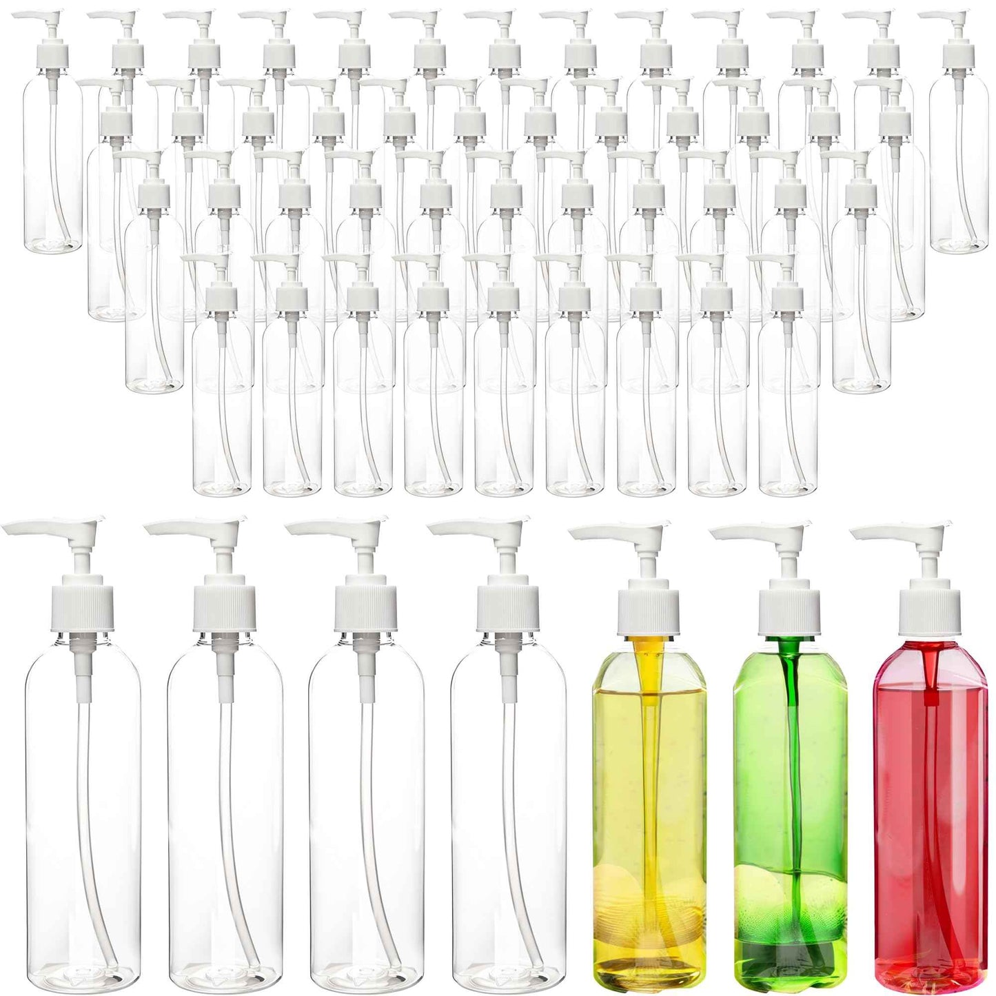 52 Pcs Empty Plastic Pump Bottle 8 oz/ 250 ml Clear Lotion Pump Dispenser Refillable Shampoo Containers Bulk with Travel Lock for Body Wash Liquid Soap Massage Oil Face Cream Conditioner