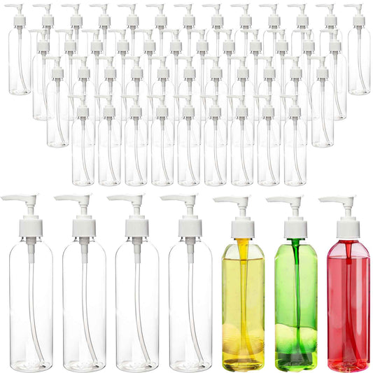 52 Pcs Empty Plastic Pump Bottle 8 oz/ 250 ml Clear Lotion Pump Dispenser Refillable Shampoo Containers Bulk with Travel Lock for Body Wash Liquid Soap Massage Oil Face Cream Conditioner