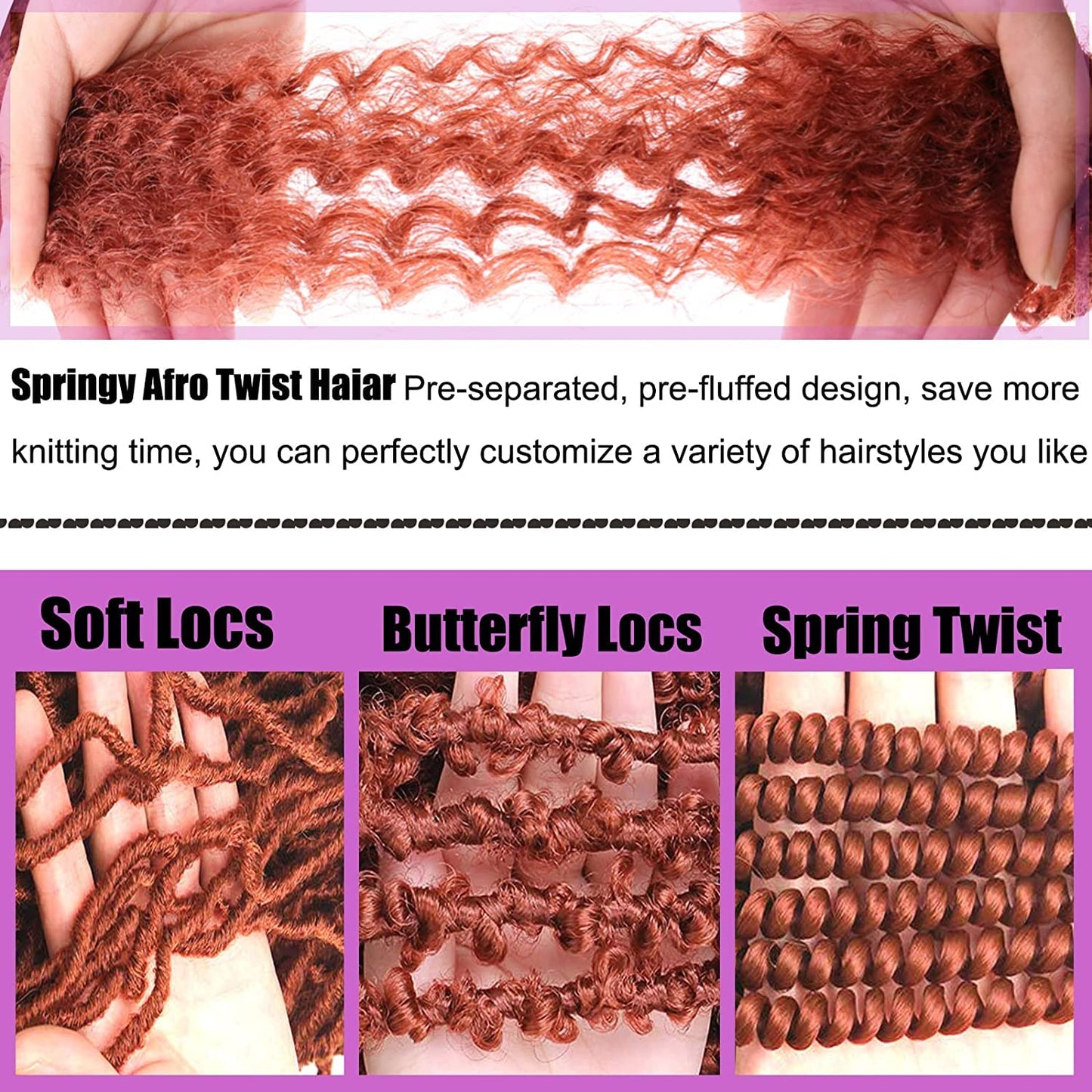 ZRQ 8 Packs Springy Afro Twist Hair 24 Inch Pre-Separated Spring Twist Crochet Braids Hair For Soft Faux Locs Natural Synthetic Marley Braiding Hair for Black Women 8 Strands/Pack (RS350#)