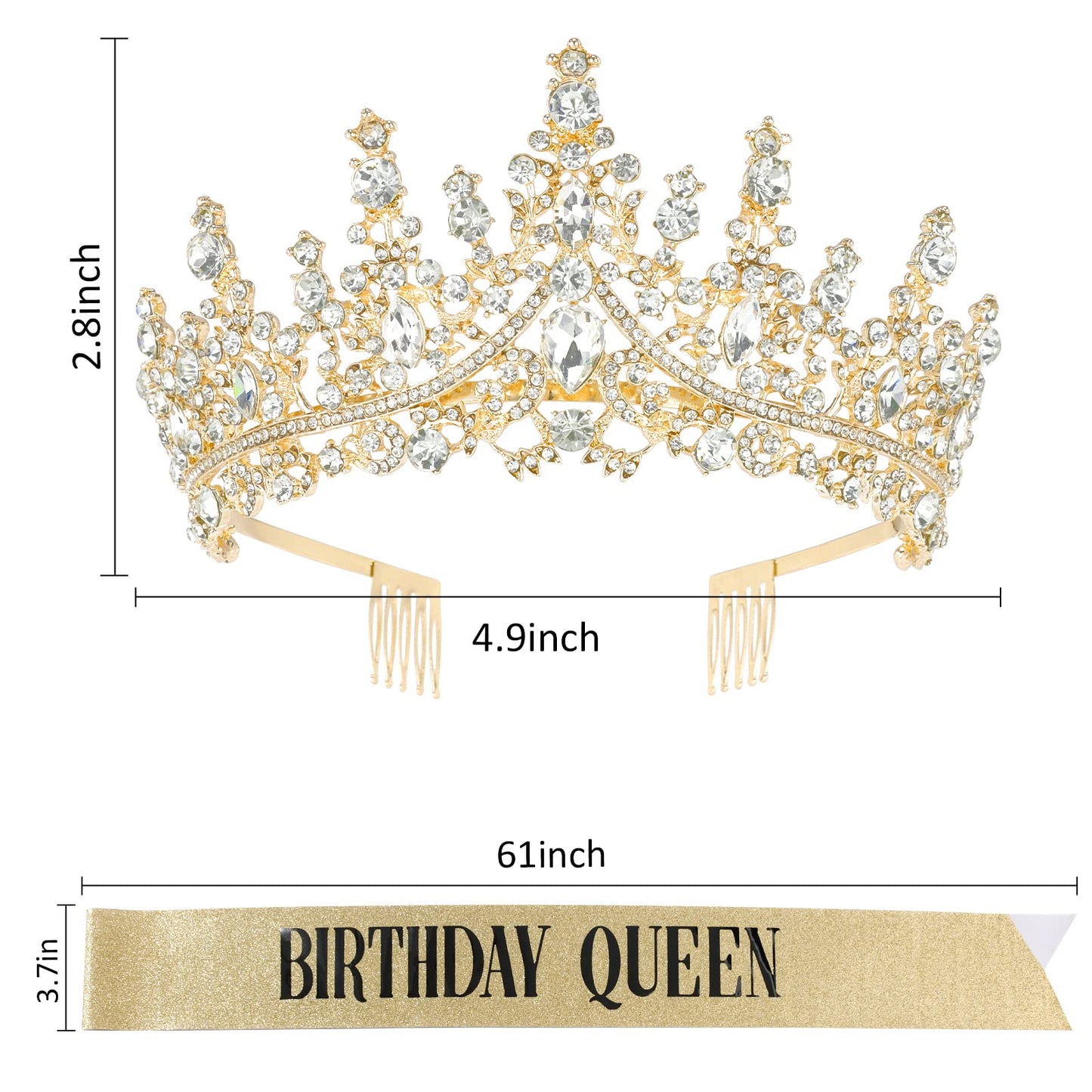 Tihebax Birthday Tiara Crown and Sash for Women Birthday Party Decorations Gift for Girls Crystal Headband Premium Rhinestones Tiaras Crowns Set Queen Princess Hair Accessories Dress Up