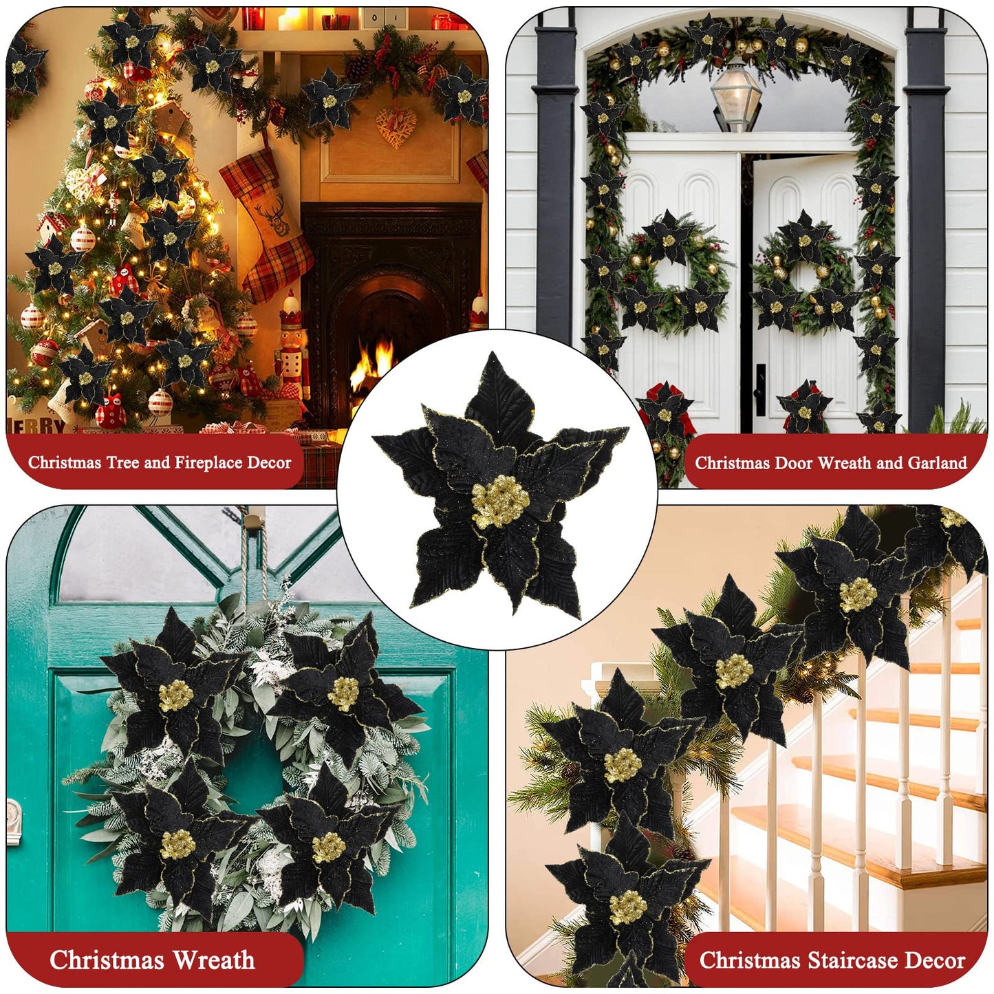 SHACOS 10 pcs 9.8" Large Glitter Poinsettia Flowers Stems Clips Velvet Fabric Floral Picks Christmas Flowers Christmas Tree Ornaments Wreath Garland Decoration, Black