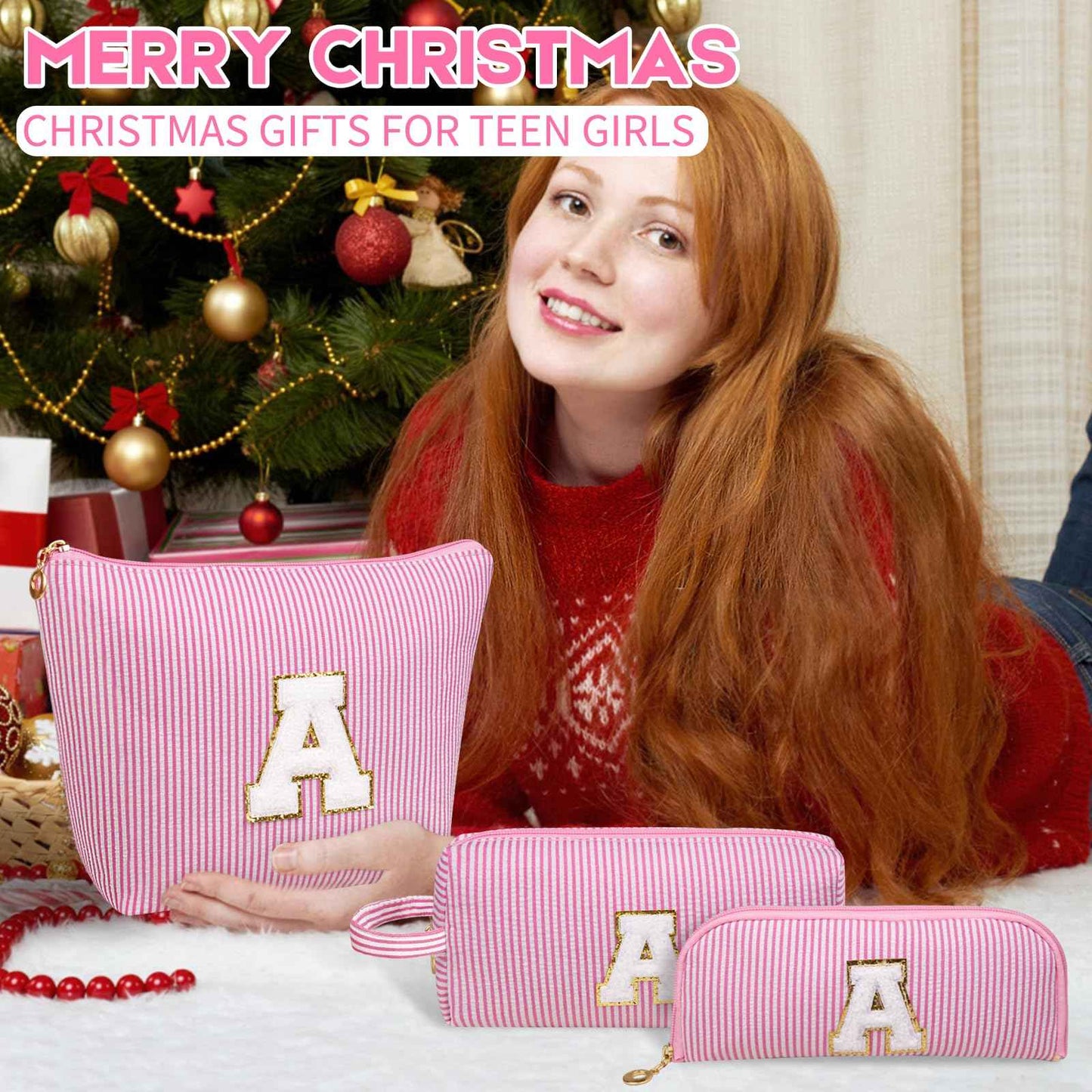 Junesters Initials Makeup Bag Set, Personalized Blue Cosmetic Bag, Cute Large Make up Bags, Travel Toiletry Bag for Women Girl Gifts E (Blue)