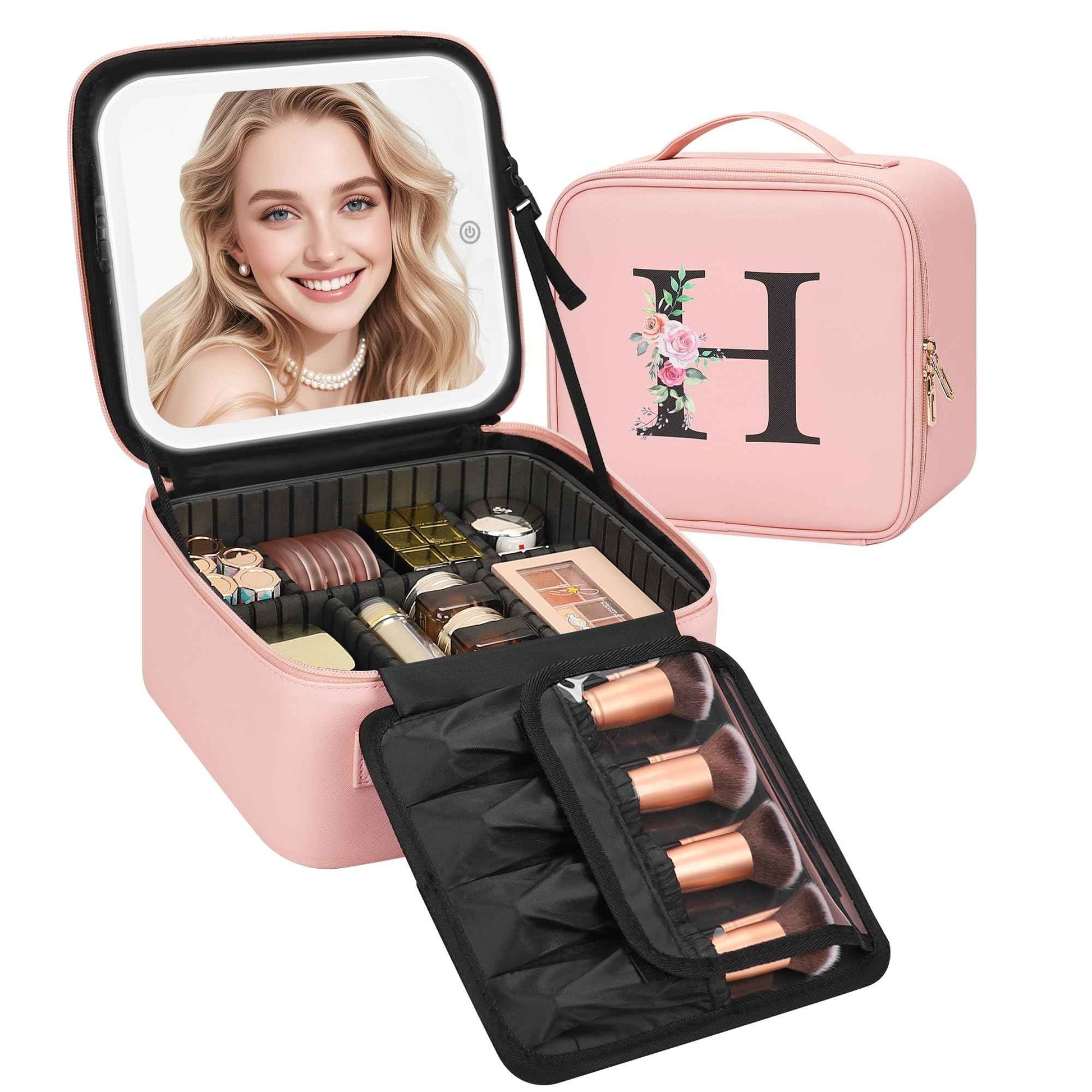 Relavel Initial Makeup Bag with LED Mirror for Women Girls, Personalized Travel Cosmetic Organizer Train Case, Birthday Gifts for Grandkids Bridesmaid Graduation Teacher Friends, Trendy Stuff, Pink H