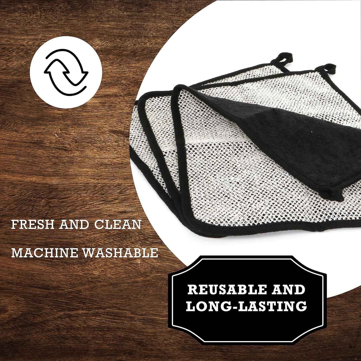 The Rustic Man Terry Wash Cloths for Face and Body, Dual-Sided Cleansing and Exfoliating Washcloths, Machine Wash, Black, 3 Count