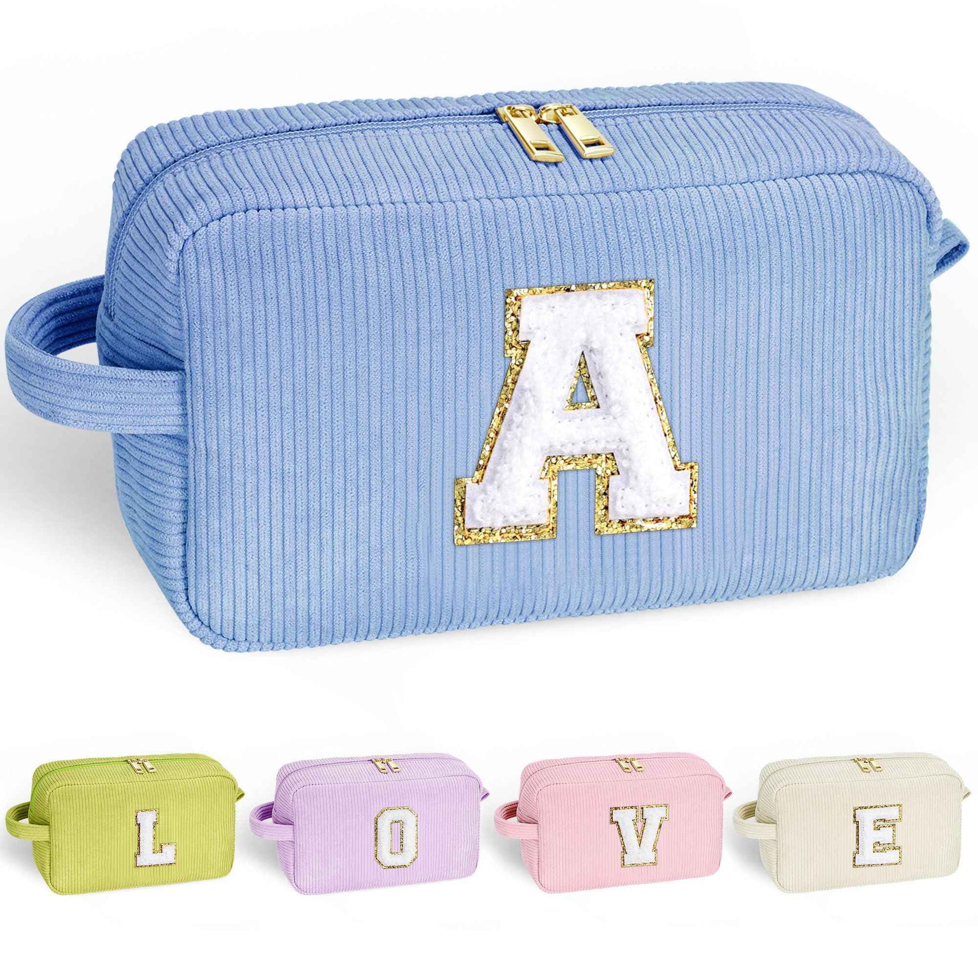 YOOLIFE Travel Makeup Bag Cosmetic Bag - Birthday Gifts for Girls Women Make Up Bag Monogram Cute Makeup Bag Personalized Teen Girl Gift Daughter Friend Birthday Gifts for Women Her Girl Blue Letter A