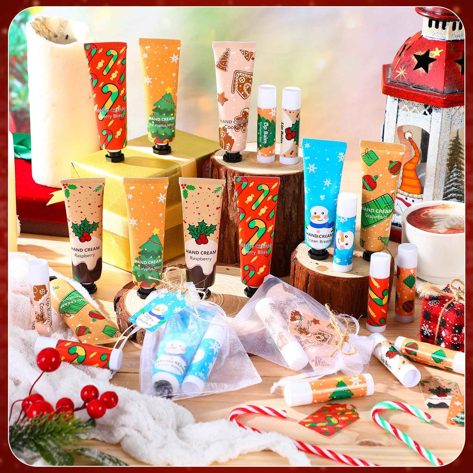 Loopeer 12 Sets/48 Pcs Christmas Hand Cream and Lip Balm Gift Set for Women Bulk Mini Hand Lotion Travel Size for Dry Skin Stocking Stuffers with Greeting Card Organza Bags for Coworker Employee
