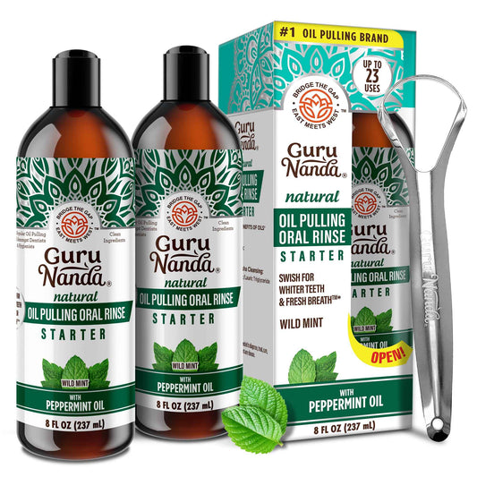 GuruNanda Starter Pulling Oil Mouthwash for Natural Teeth Whitening, Coconut and Peppermint Oil for Fresh Breath & Happy Gums, with Tongue Scraper, Alcohol-Free, 2X8 Oz