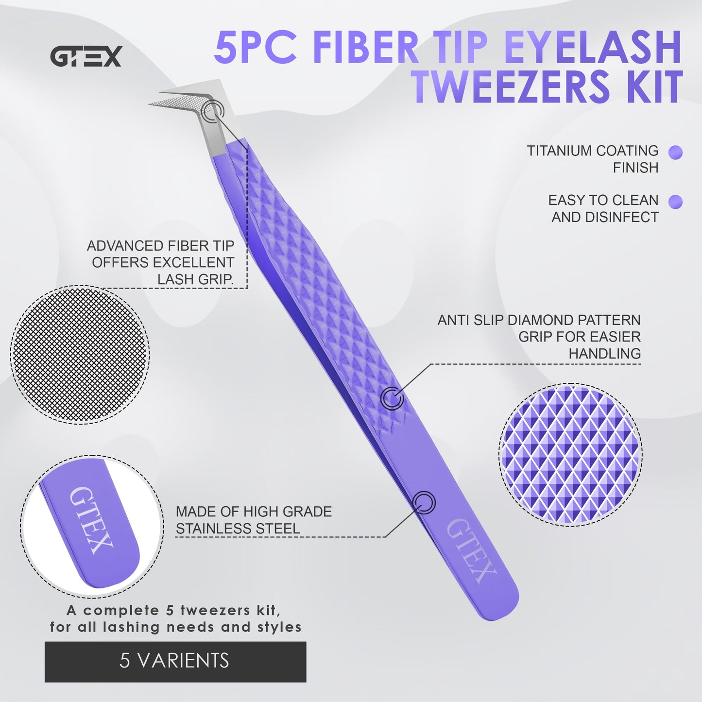 GTEX Fiber Tip Lash Tweezers For Eyelash Extension Tweezers Set of 5, Professional Eyelash Tweezers For Lash Extensions - 90 45 Degree Curved Volume Lash Tweezer Purple