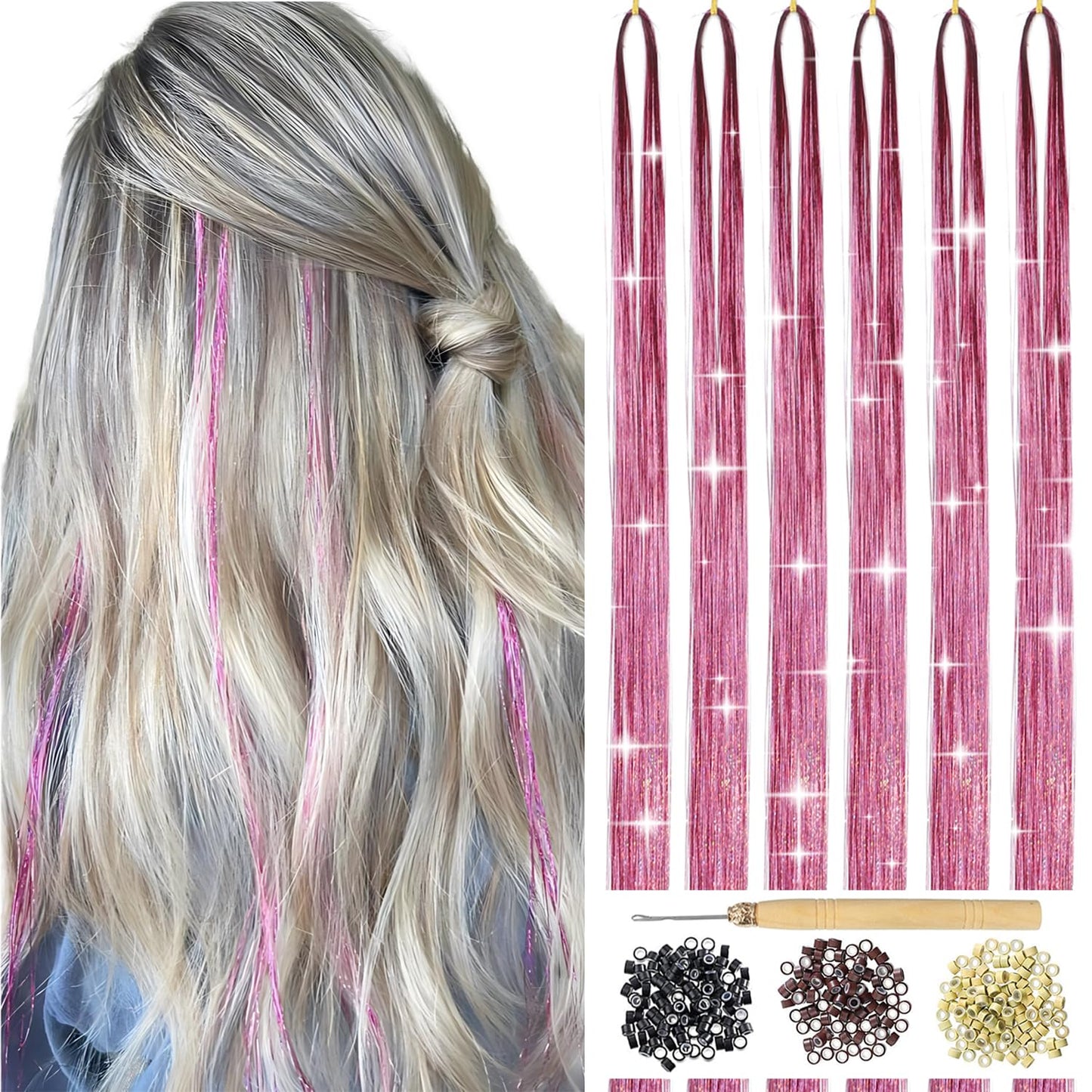 USHUIUS Hair Tinsel Kit With Tools Pink Tinsel Hair Extensions 6Pcs 1200 Strands Fairy Hair Tinsel Heat Resistant Glitter Hair Extensions Sparkling Shiny Hair Tensile for Women Girls Kids (Pink 6Pcs)