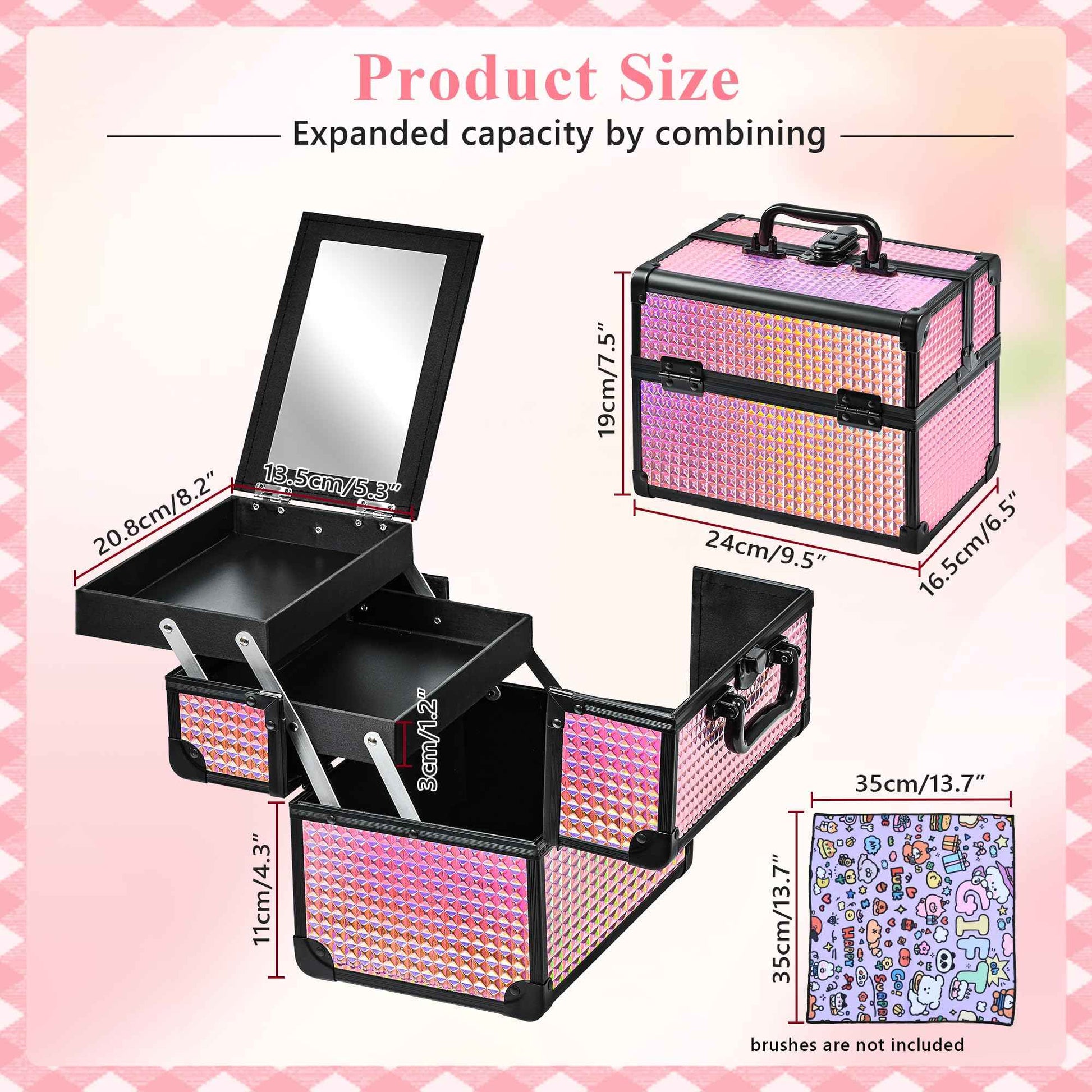 GALHUBIS Makeup Case Organizer,Makeup Train Case, Trays Cosmetic Box Portable, Profesional for Salon Barber,Black Bright Pink