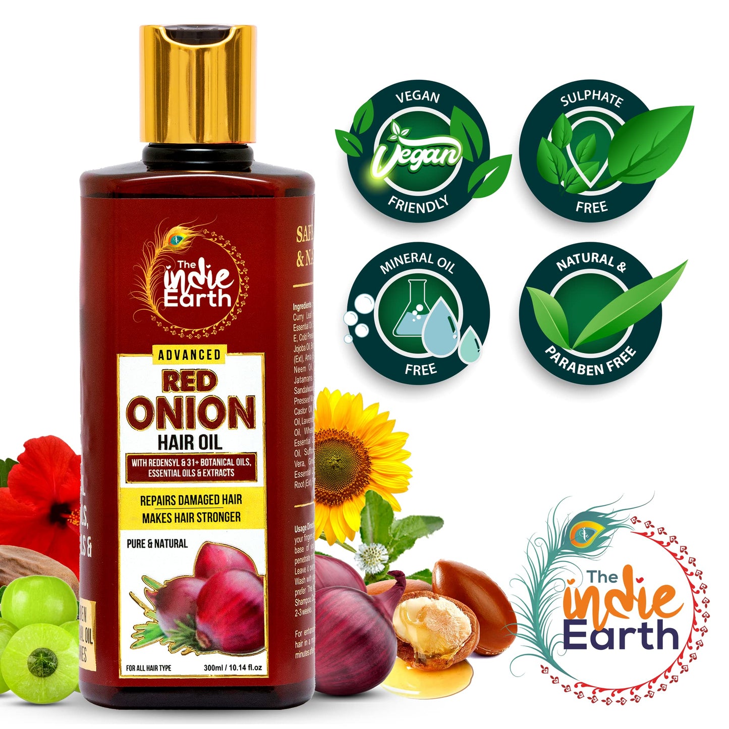 The Indie Earth Advanced Red Onion Oil 300ml, Repairs Damaged Hair - Makes hair Thicker & Stronger