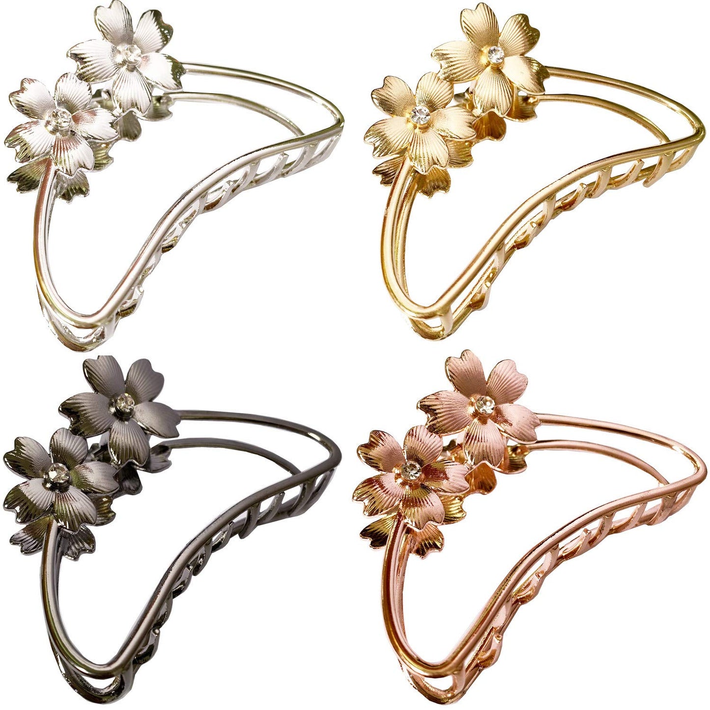 TANG SONG 4PCS Double Flowers Shaped Metal Hair Claw Clips Hair Catch Barrette Jaw Clamp for Women Half Bun Hairpins for Thick Hair (Silver+Gold+Rose Gold+Black)