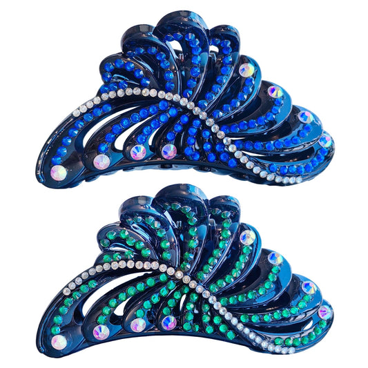 Yusier 2 Pcs 5inch Big Rhinestone Claw Clips for Thick Hair Non-Slip Leaf Jumbo Jaw Clip Decorative Hair Clips Fancy Hair Clips (Green+Blue-5in)