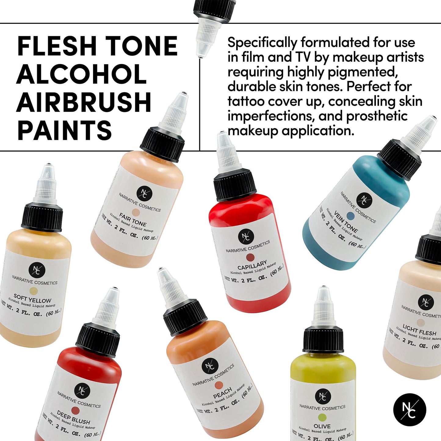 Narrative Cosmetics Flesh Tone Alcohol Airbrush Paints - 2 fl oz, Skin Safe, Quick Dry, Waterproof, Sweatproof, Transferproof Liquid Makeup for Tattoo Cover-Up, Bodypainting, FX Makeup - Capillary