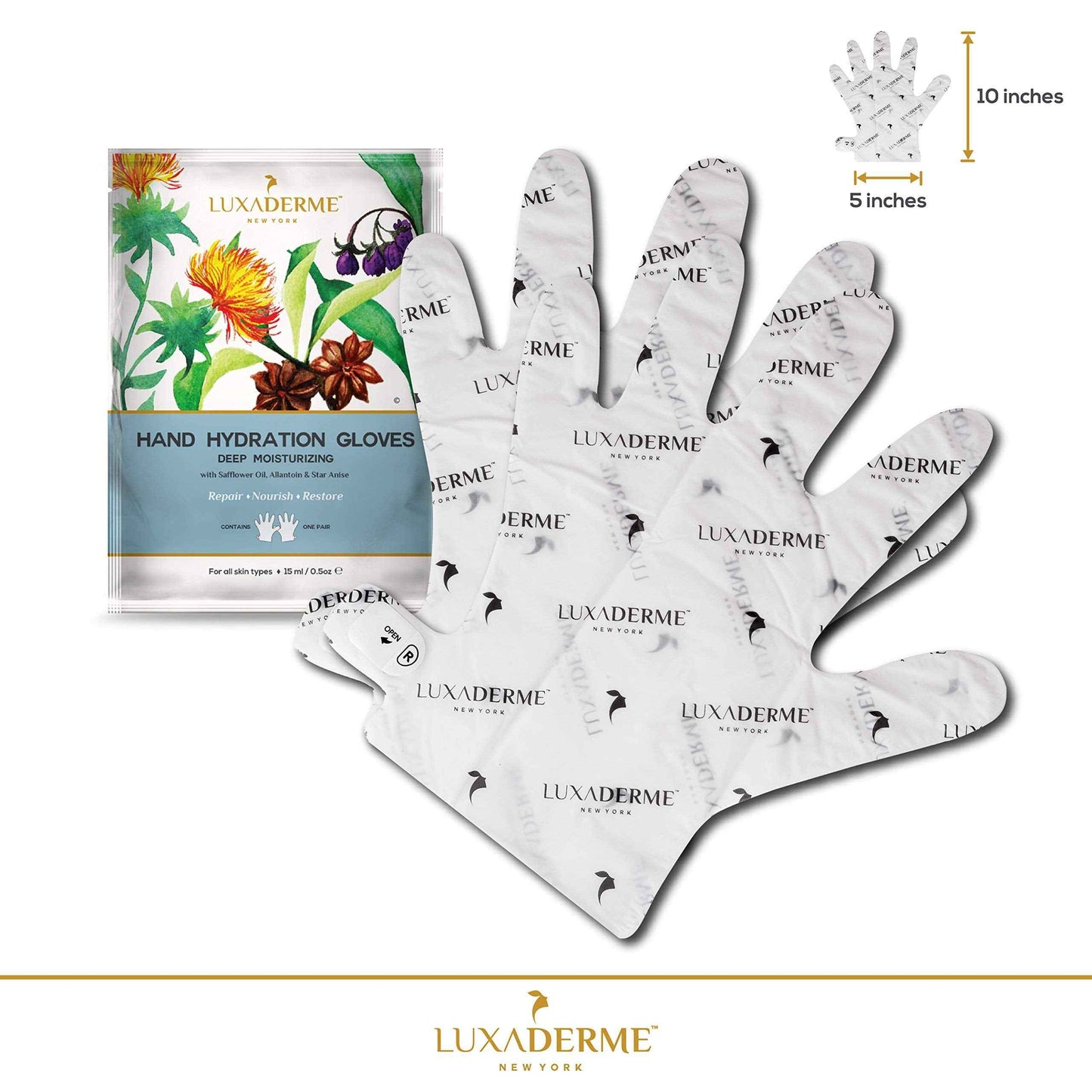 LuxaDerme Moisturizing Gloves for Dry Hands - 15ml Safflower & Shea Butter Hydrating Hand Mask - Rejuvenate Dull & Cracked Skin - Skincare Gift Set (Pack of 10)