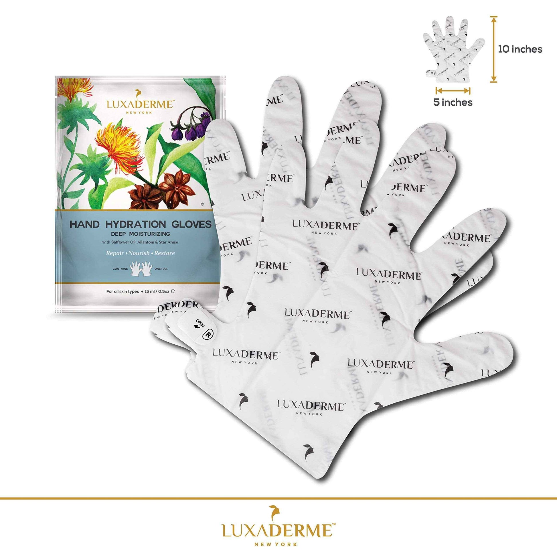 LuxaDerme Moisturizing Gloves for Dry Hands - 15ml Safflower & Shea Butter Hydrating Hand Mask - Rejuvenate Dull & Cracked Skin - Skincare Gift Set (Pack of 10)