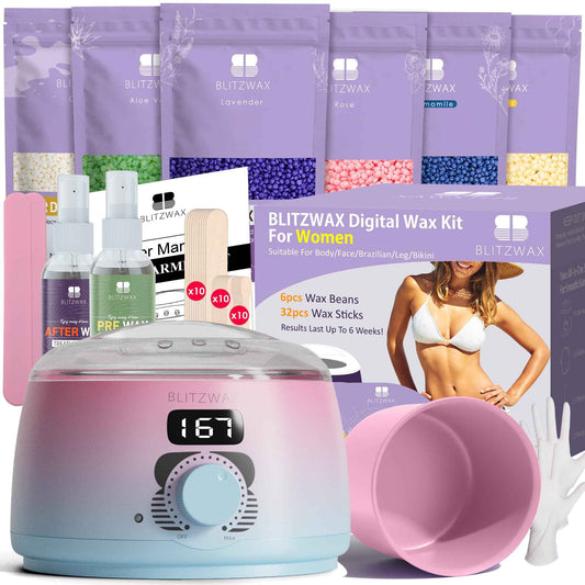 BLITZWAX Brazilian and Bikini Waxing Kit for Women, Hard Wax Warmer for Face, Legs and Body, At Home Hair Removal Kit, Beginner Friendly, Quick Heating, Pink and Blue Gradient Color