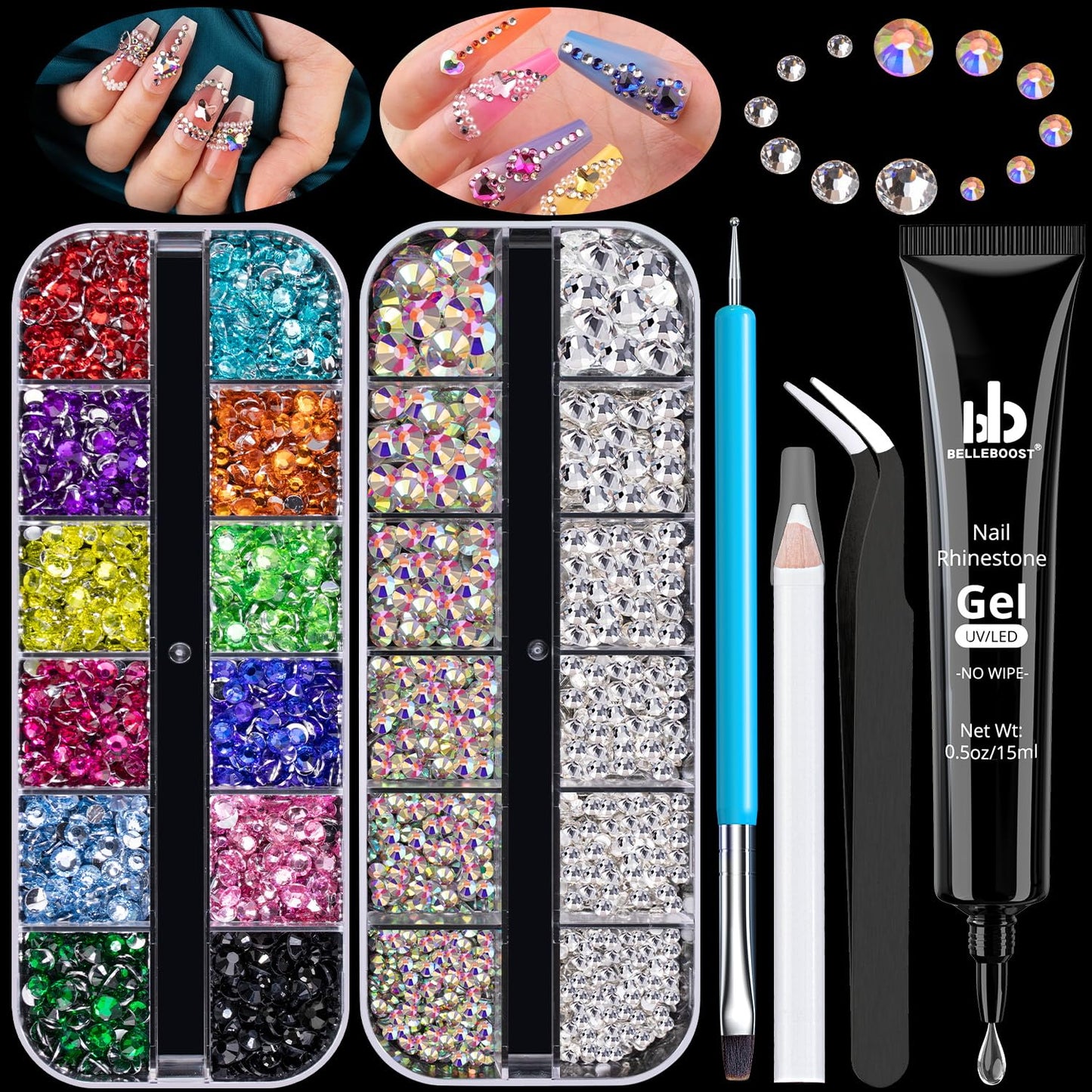 Rhinestones for Nails, Manicure Kit with Nail Rhinestone Glue Gel, 2-6mm Flatback Glass Crystal AB & Clear Gemstones and Colorful Resin Beads, Gem Glue for Nails (UV/LED Needed) with Dotting Tools